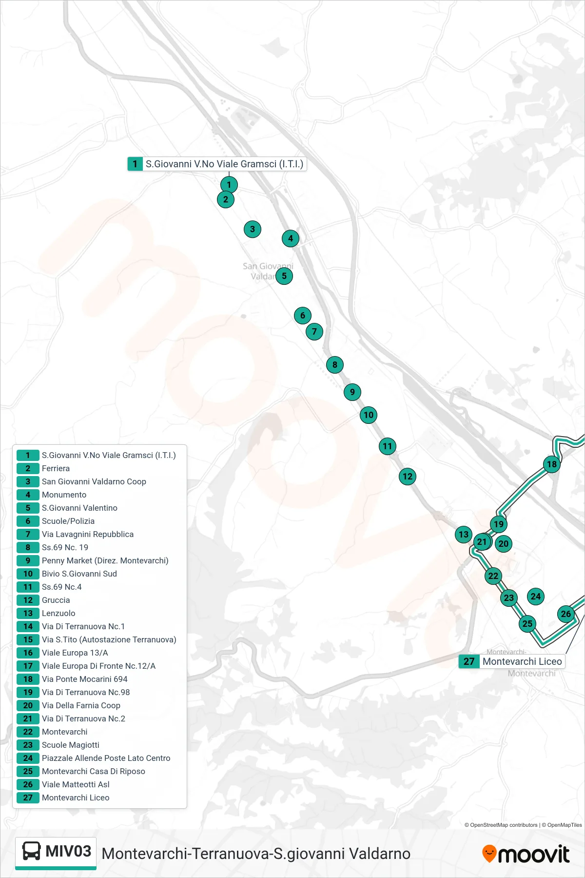 Linea MIV03 bus (Montevarchi Liceo) - Percorsi e fermate sulla mappa