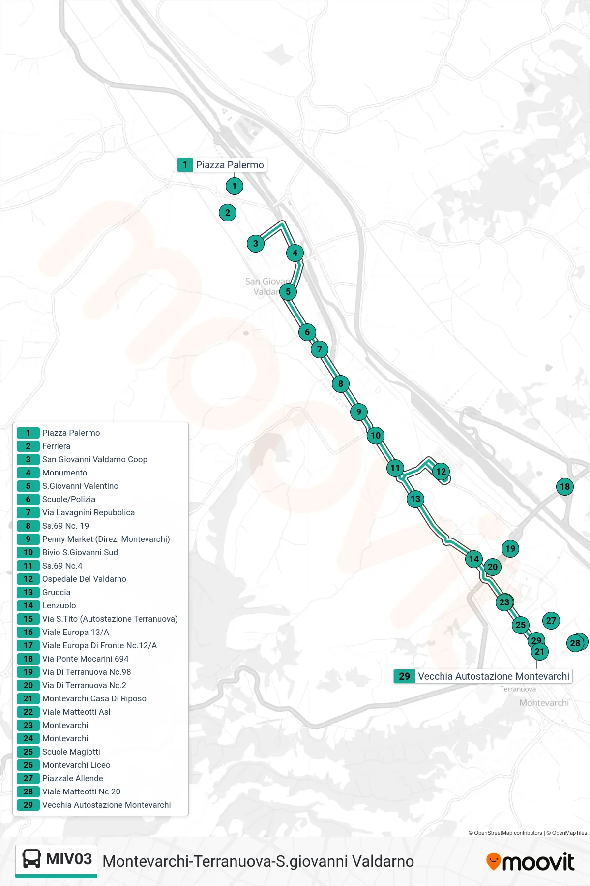 Linea MIV03  bus (Vecchia Autostazione Montevarchi) - Percorsi e fermate sulla mappa