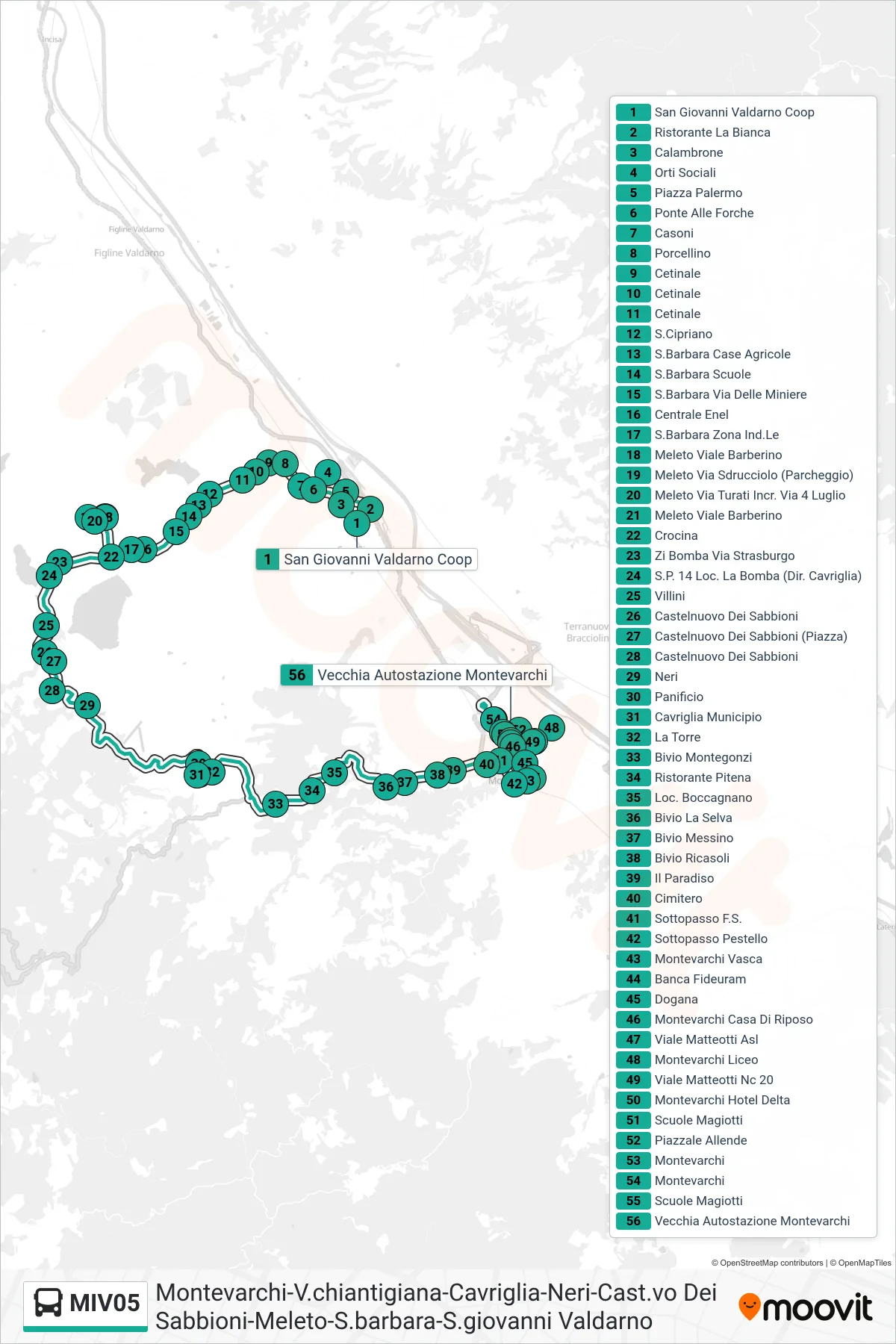 Linea MIV05 bus (Vecchia Autostazione Montevarchi) - Percorsi e fermate sulla mappa