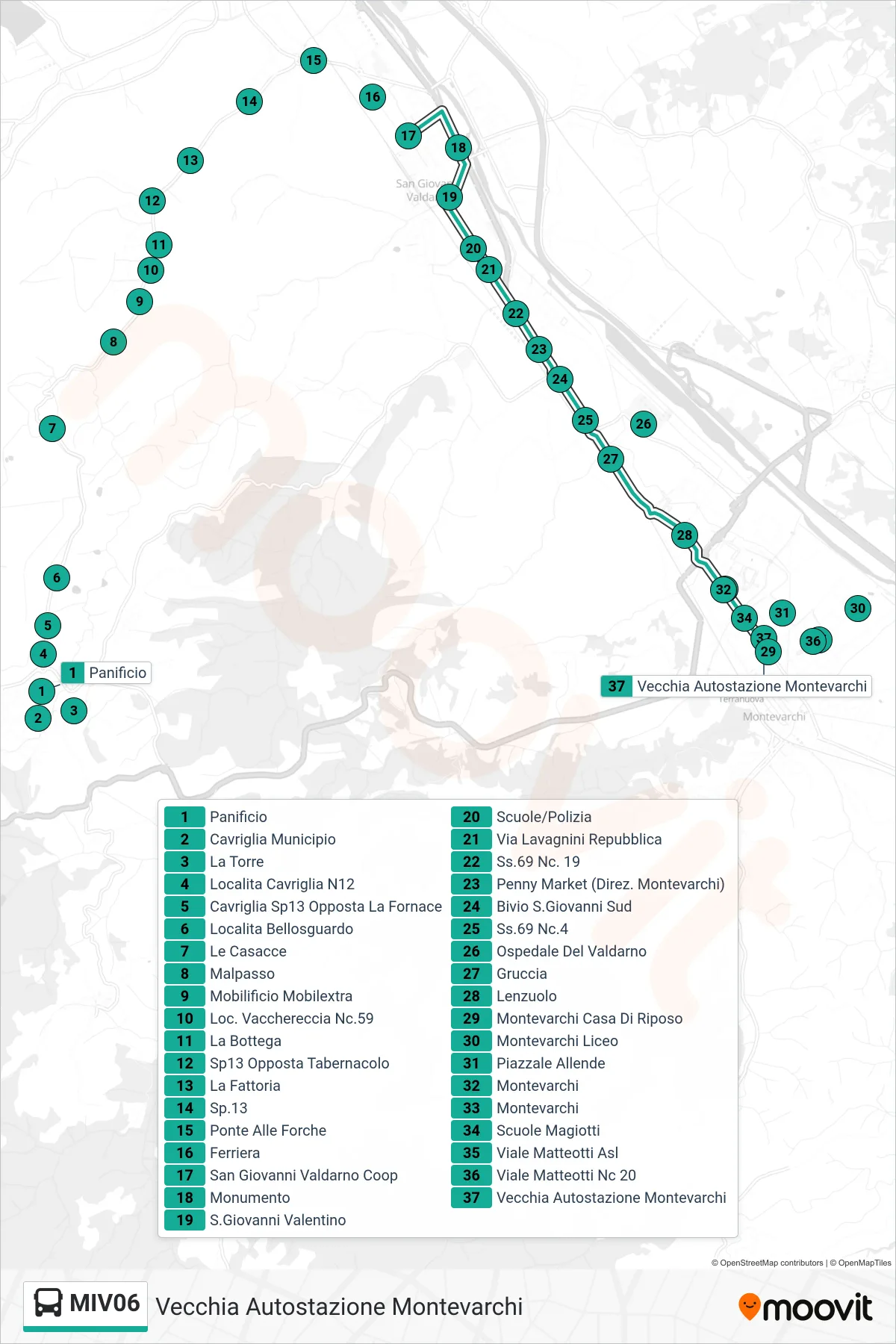 Linea MIV06 bus (Vecchia Autostazione Montevarchi) - Percorsi e fermate sulla mappa