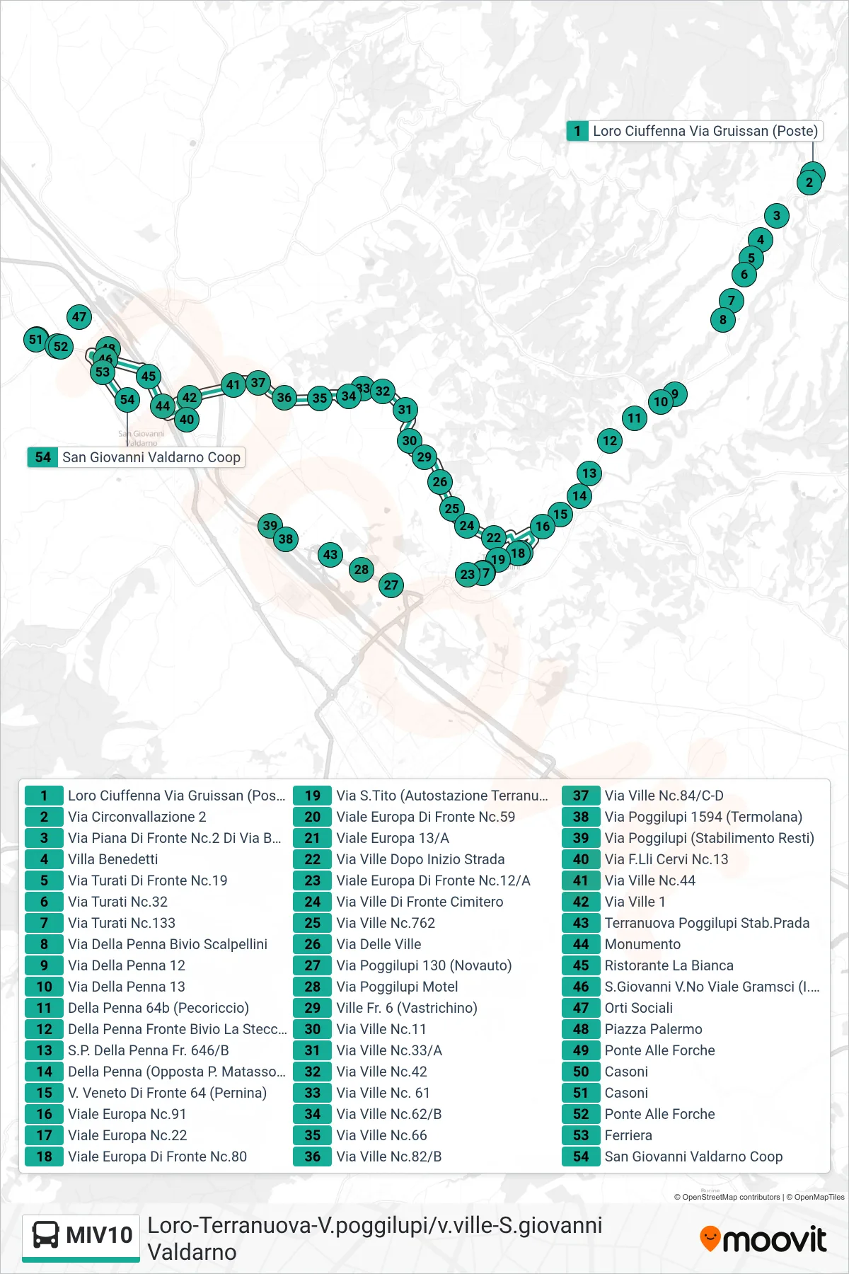Linea MIV10  bus (San Giovanni Valdarno Coop) - Percorsi e fermate sulla mappa