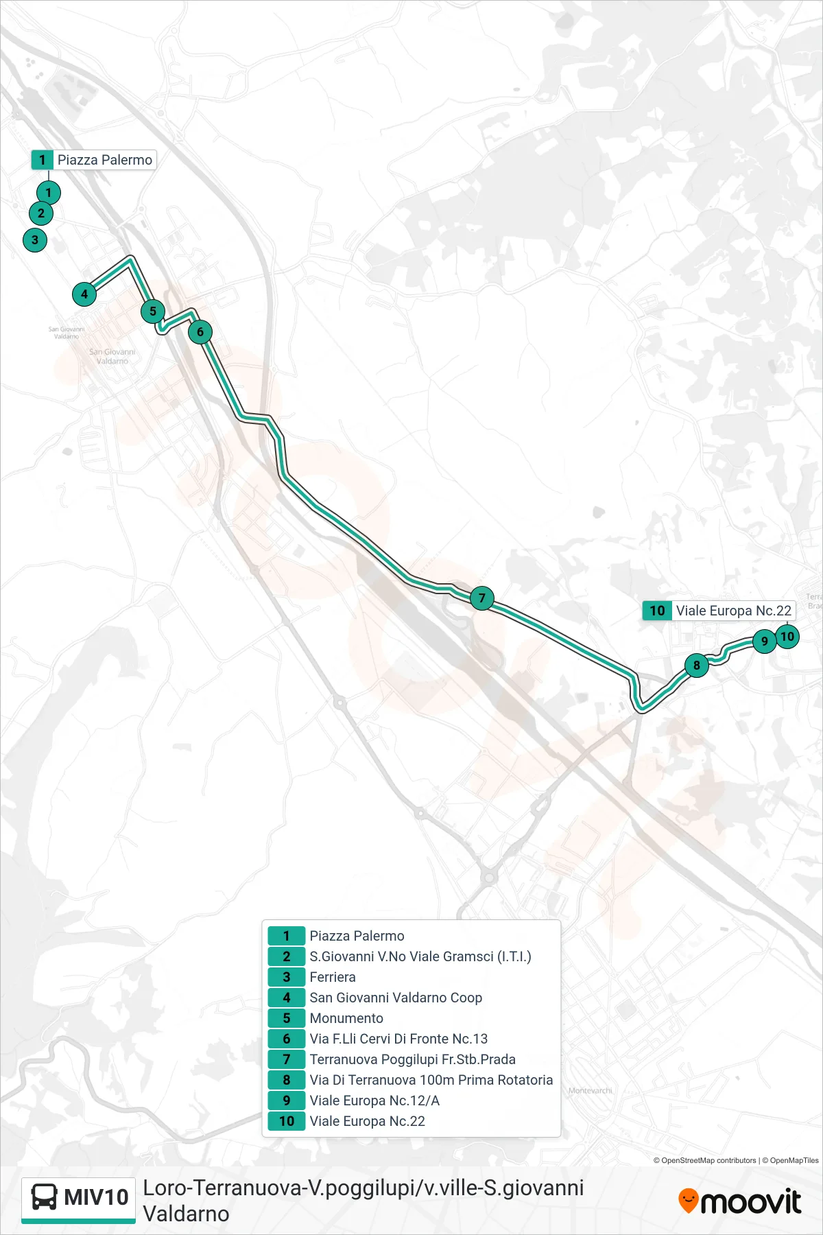 Linea MIV10  bus (Viale Europa Nc.22) - Percorsi e fermate sulla mappa