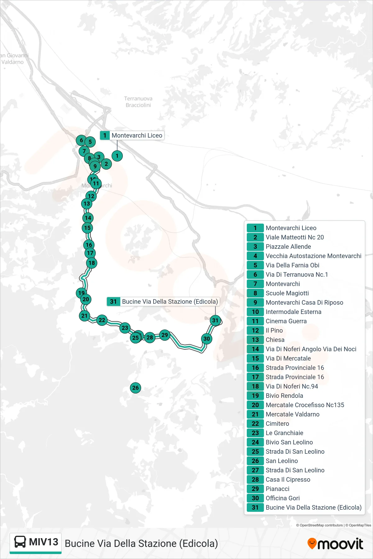 Linea MIV13 bus (Bucine Via Della Stazione (Edicola)) - Percorsi e fermate sulla mappa