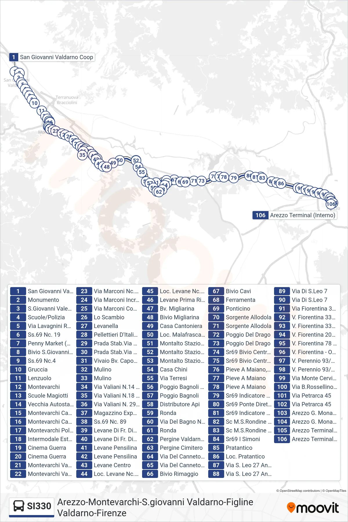 Linea SI330  bus (Arezzo Terminal (Interna)) - Percorsi e fermate sulla mappa