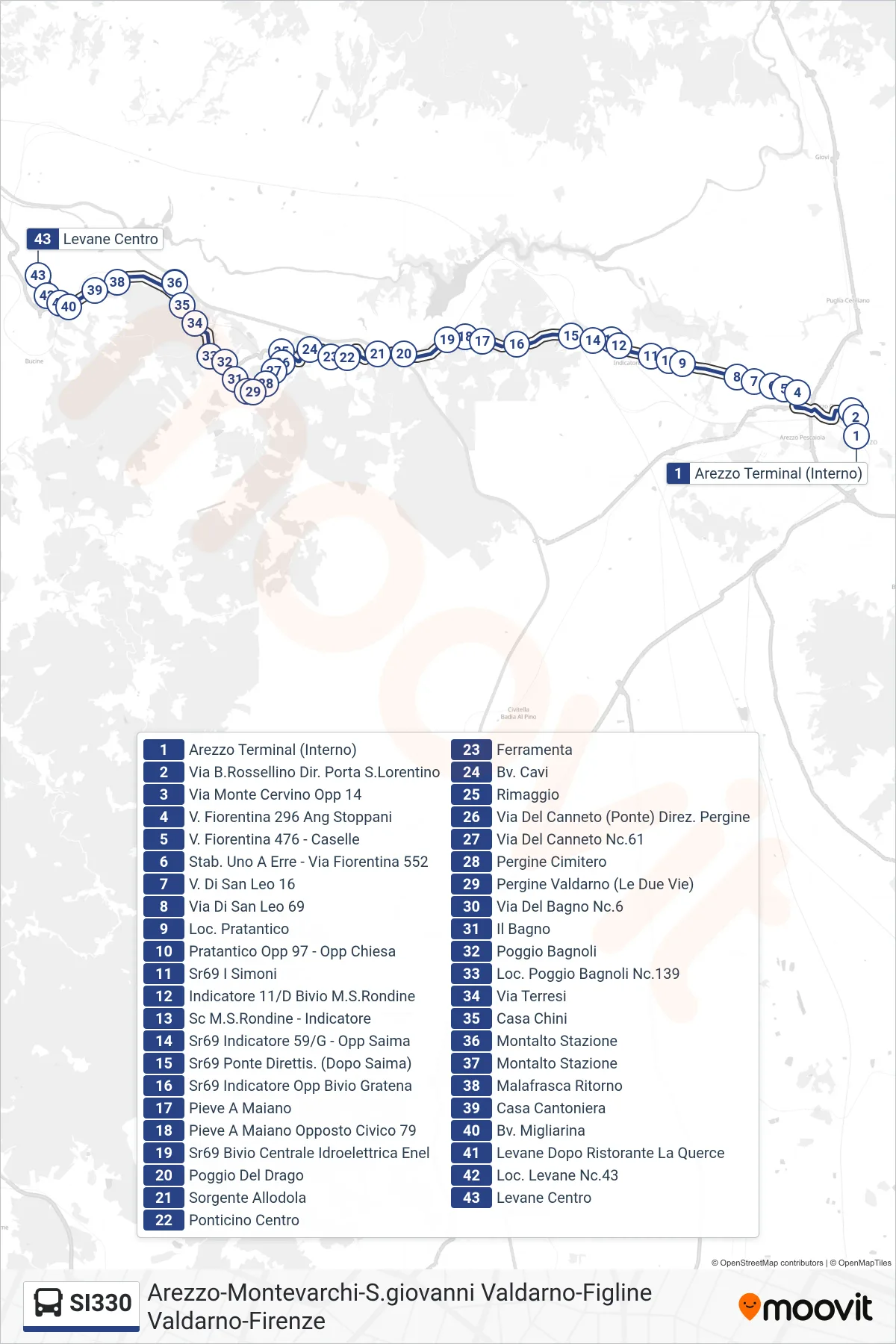 Linea SI330 bus (Levane Centro) - Percorsi e fermate sulla mappa