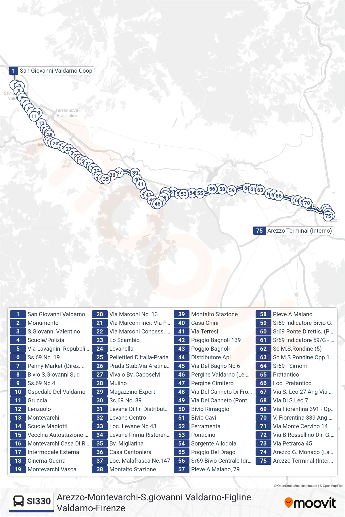 Linea SI330 bus (Arezzo Terminal (Interno)) - Percorsi e fermate sulla mappa