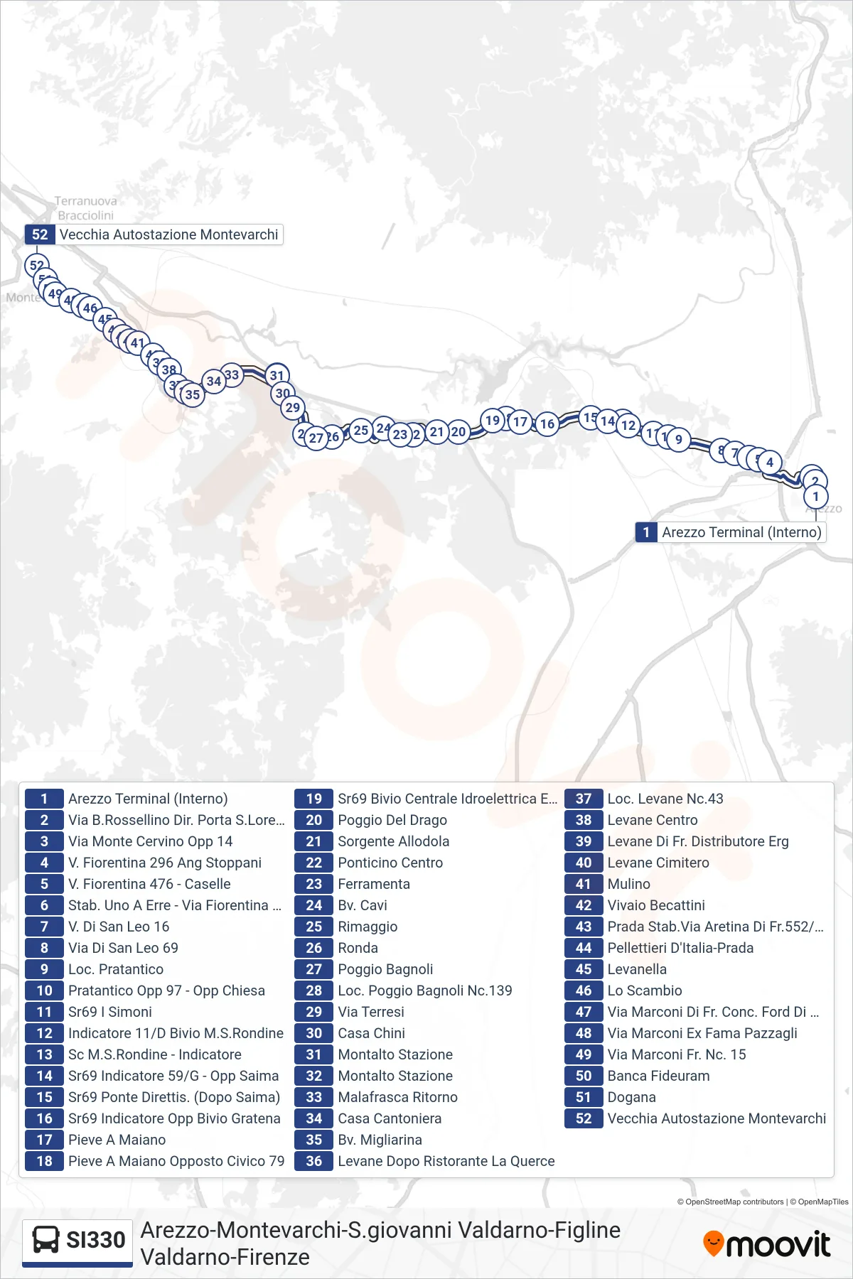 Linea SI330 bus ((Tmp) Vecchia Autostazione Montevarchi) - Percorsi e fermate sulla mappa