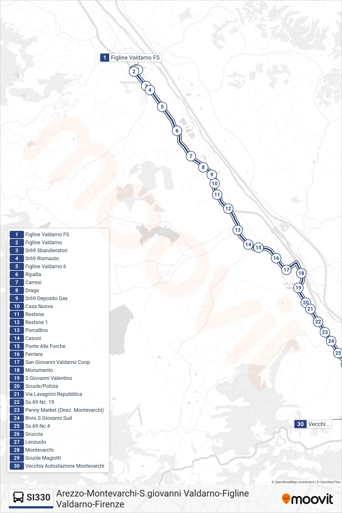 Linea SI330  bus (Vecchia Autostazione Montevarchi) - Percorsi e fermate sulla mappa
