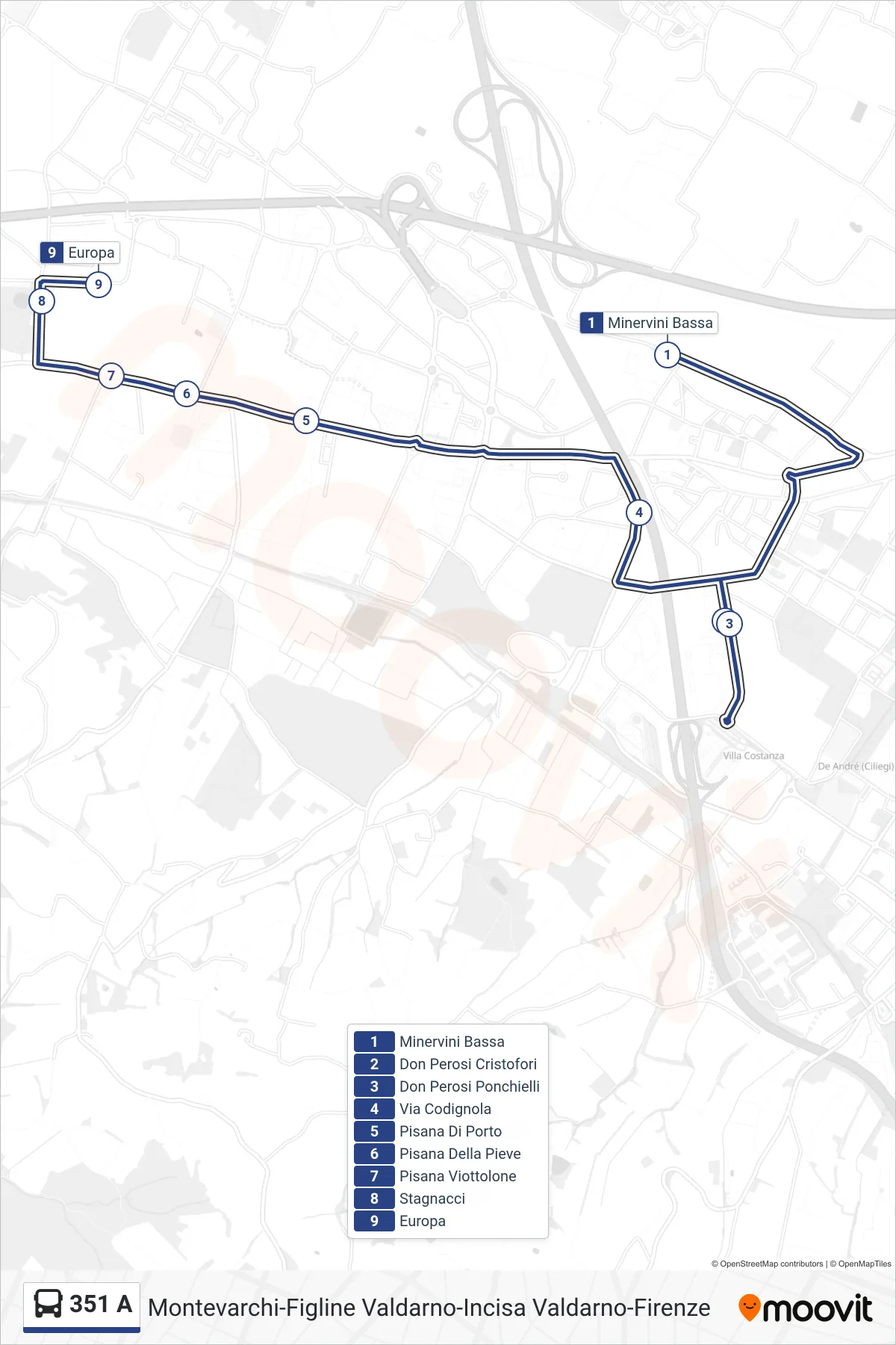 Linea 351 A tram (Europa) - Percorsi e fermate sulla mappa