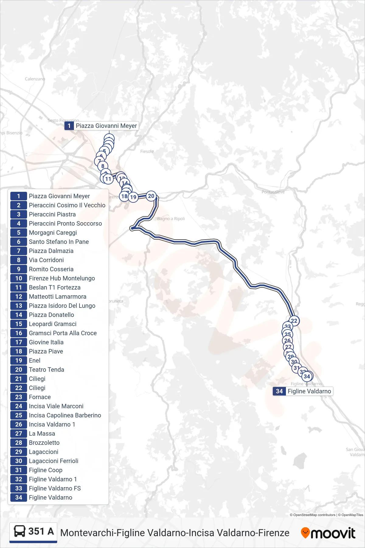 Linea 351 A tram (Figline Valdarno) - Percorsi e fermate sulla mappa