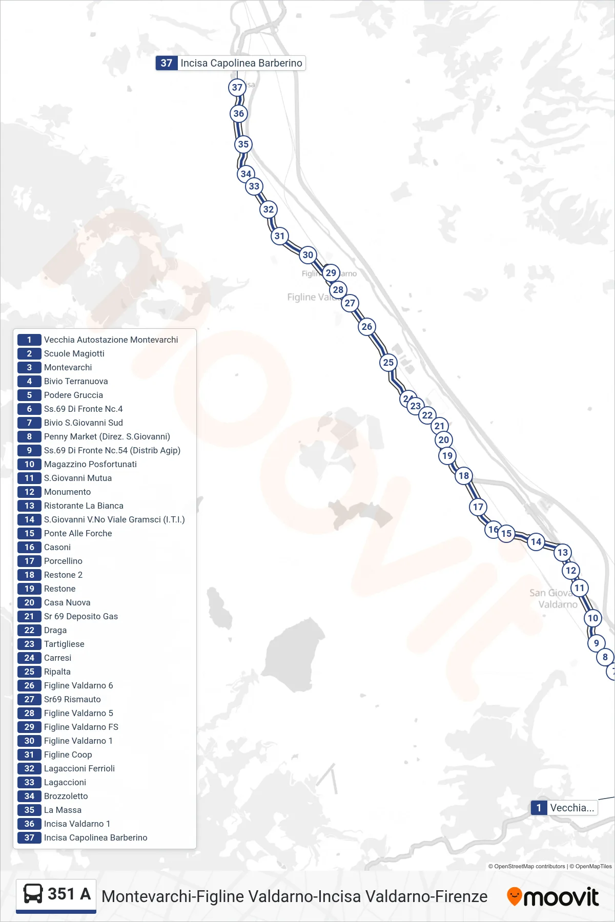 Linea 351 A  tram (Incisa Capolinea Barberino) - Percorsi e fermate sulla mappa