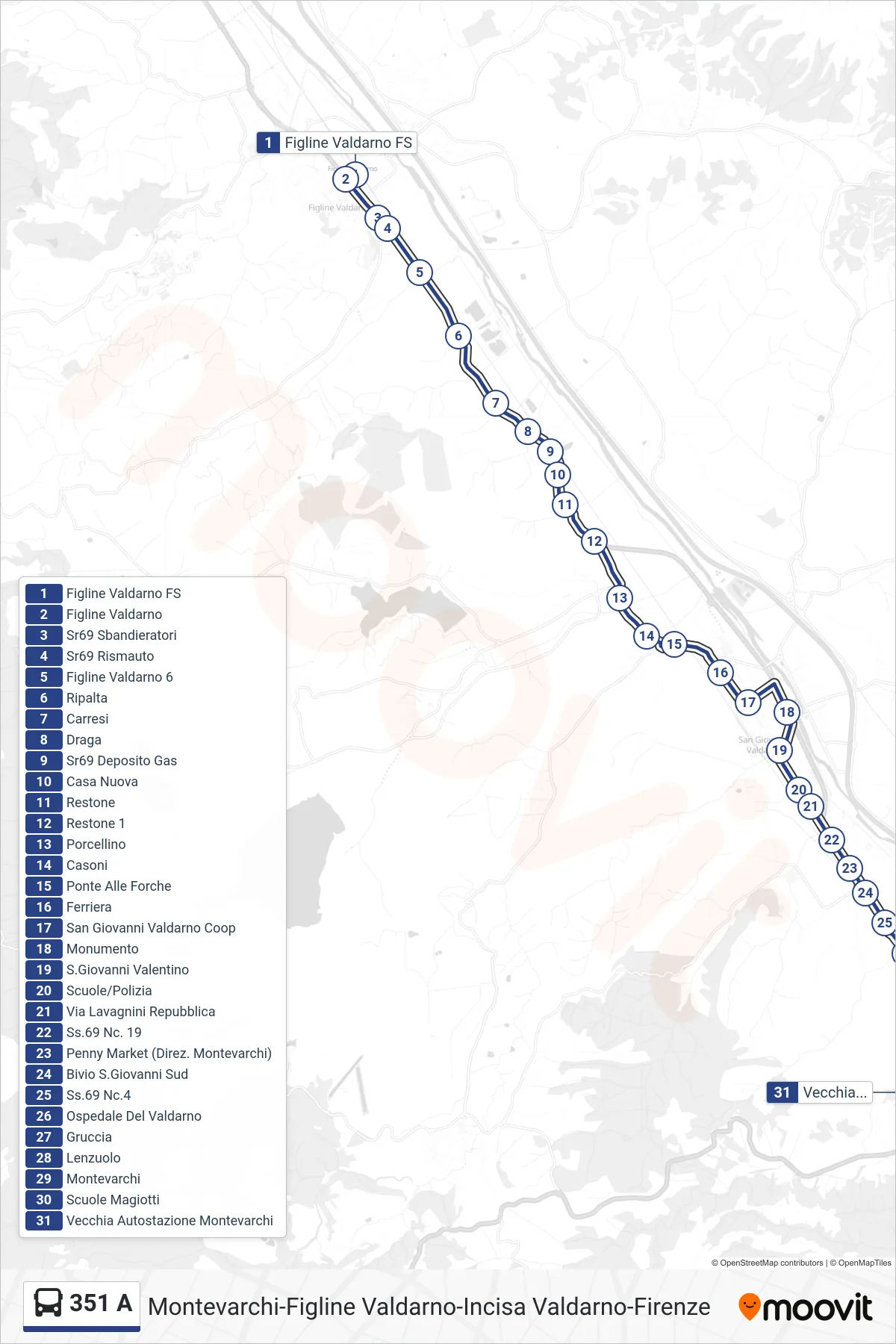 Linea 351 A tram (Vecchia Autostazione Montevarchi) - Percorsi e fermate sulla mappa