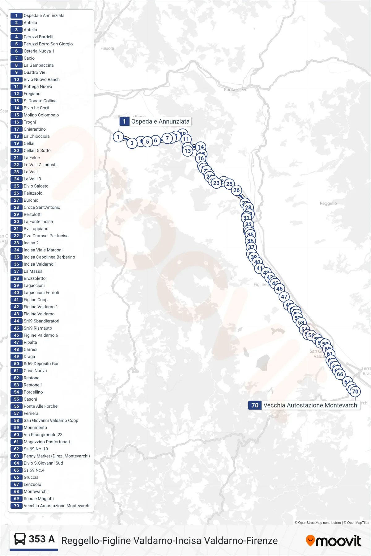 Linea 353 A tram (Vecchia Autostazione Montevarchi) - Percorsi e fermate sulla mappa