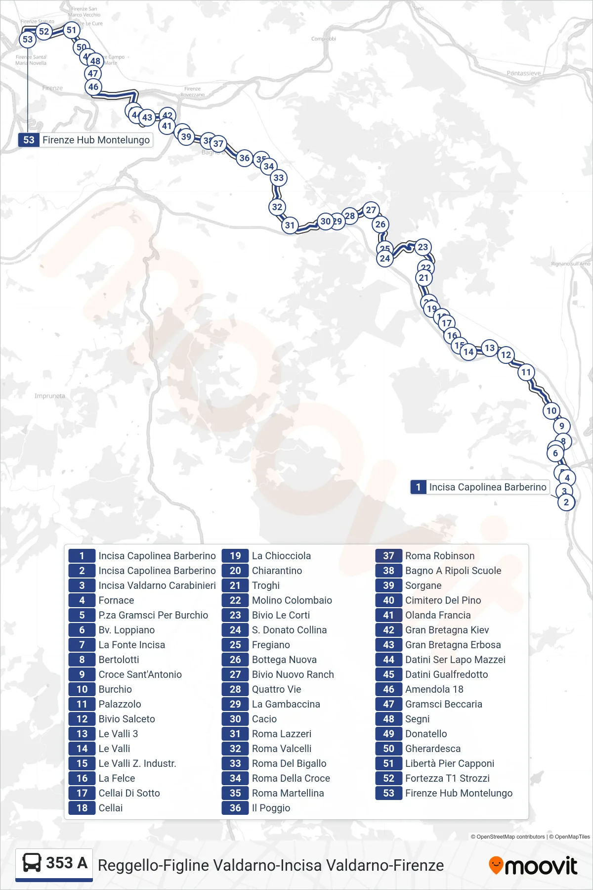 Linea 353 A tram (Firenze Hub Montelungo) - Percorsi e fermate sulla mappa