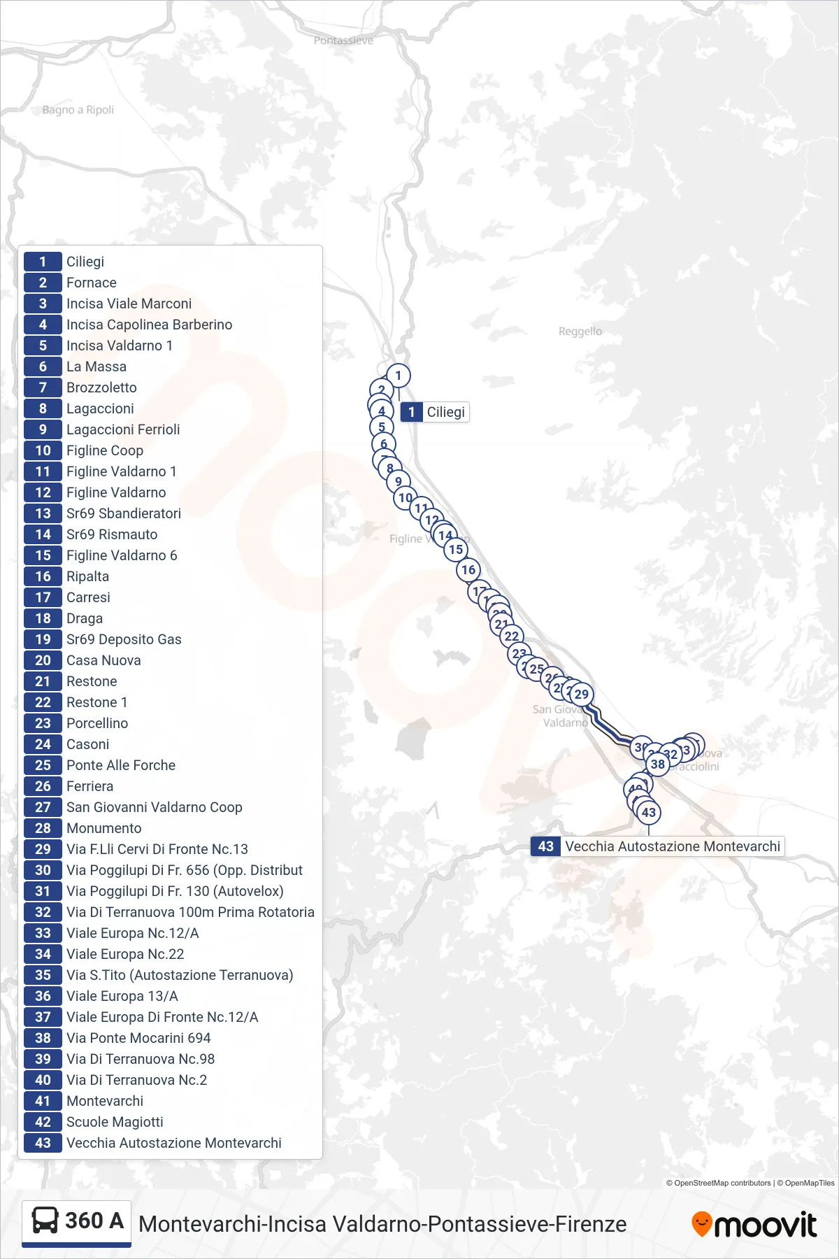 Linea 360 A tram (Vecchia Autostazione Montevarchi) - Percorsi e fermate sulla mappa