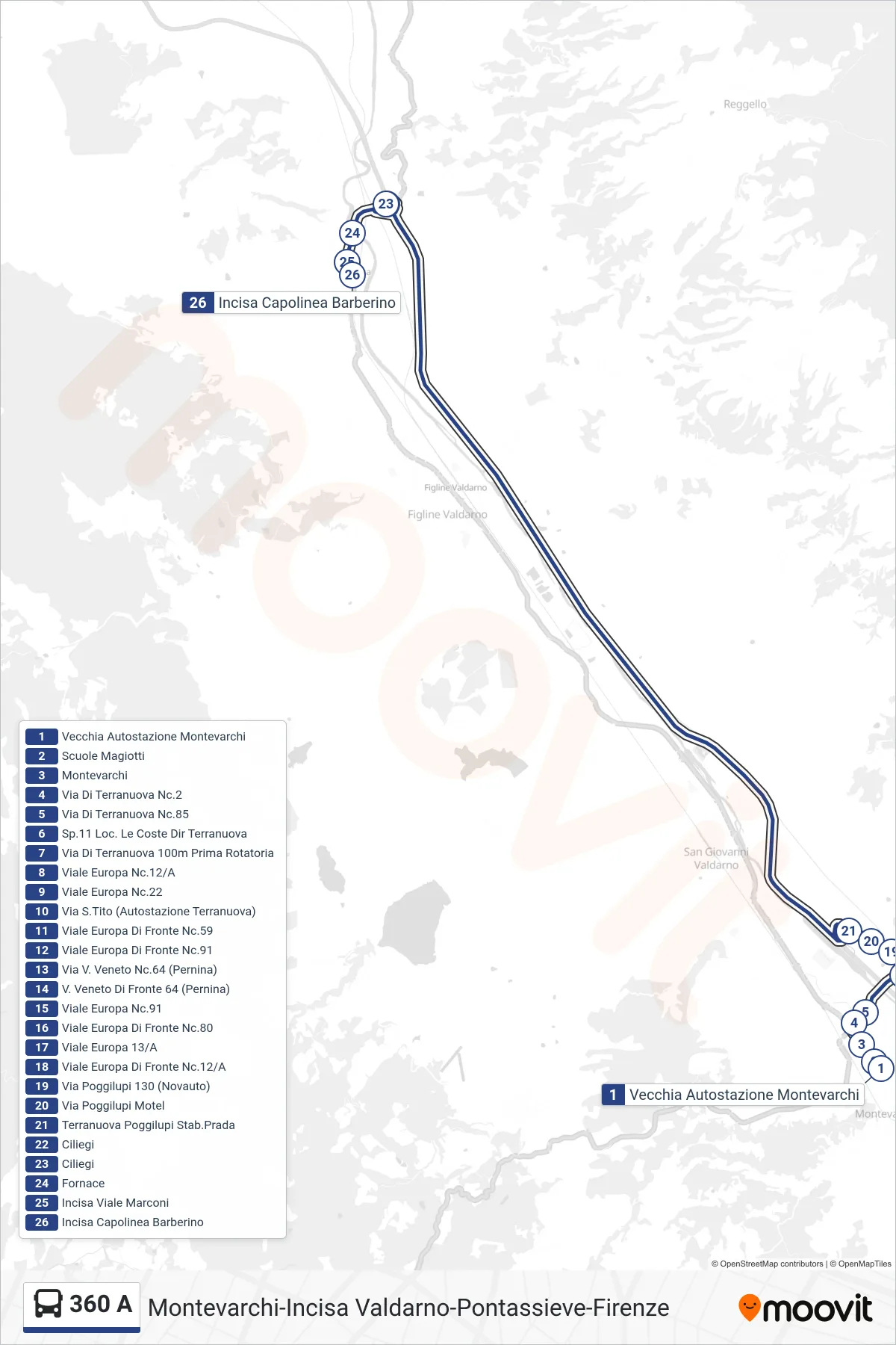 Linea 360 A tram (Incisa Capolinea Barberino) - Percorsi e fermate sulla mappa