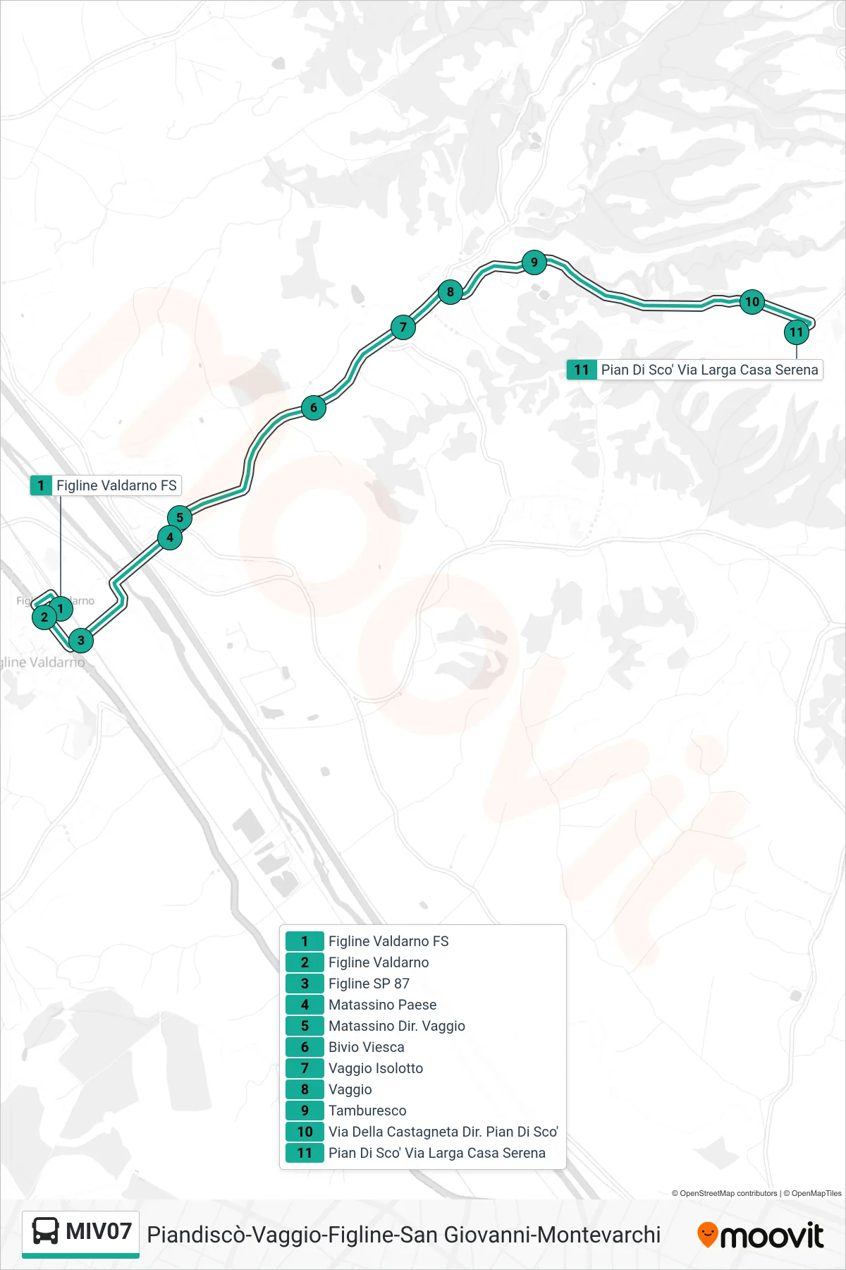 Linea MIV07  tram (Pian Di Scò Via Larga Casa Serena) - Percorsi e fermate sulla mappa