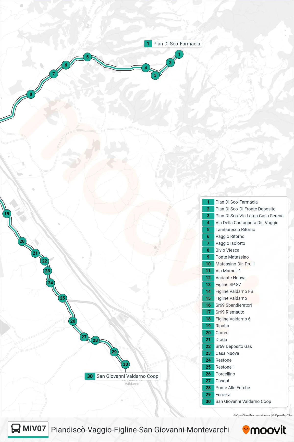 Linea MIV07  tram (San Giovanni Valdarno Coop) - Percorsi e fermate sulla mappa