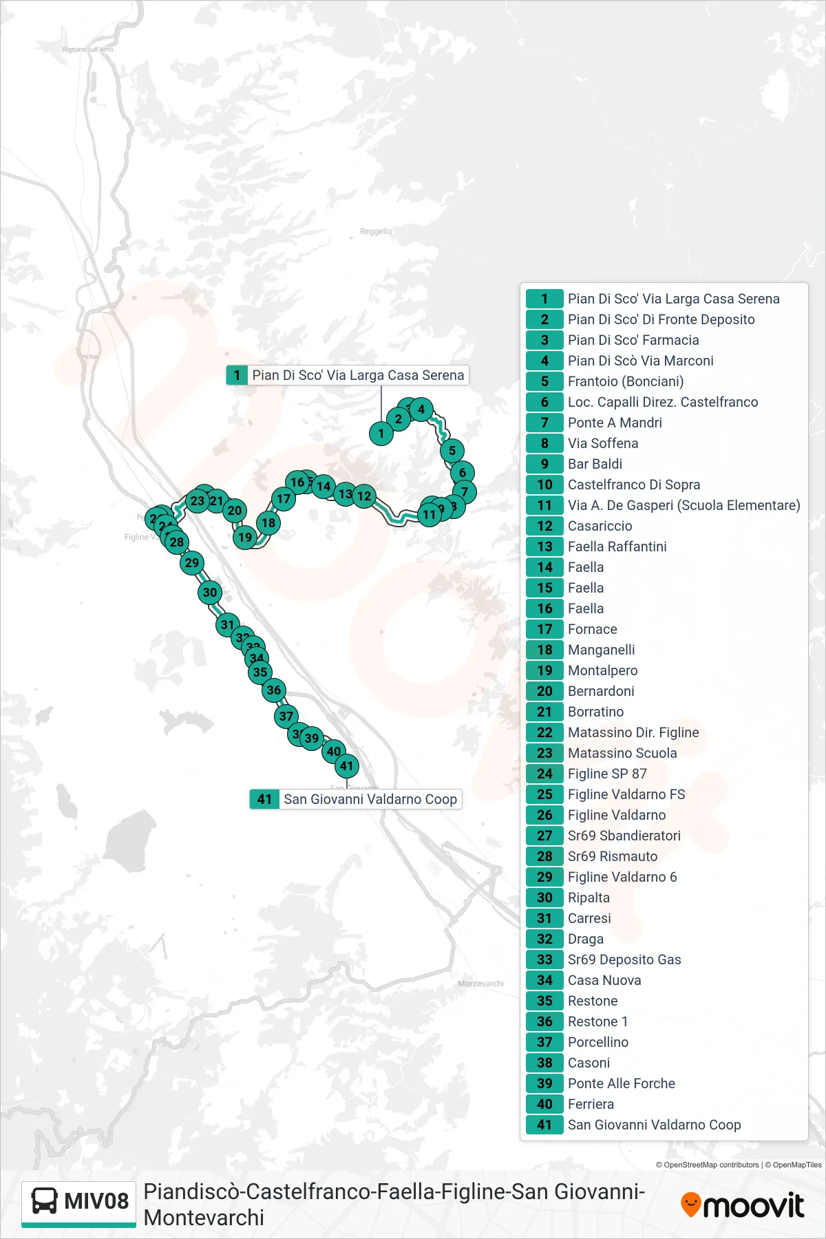 Linea MIV08 tram (San Giovanni Valdarno Coop) - Percorsi e fermate sulla mappa