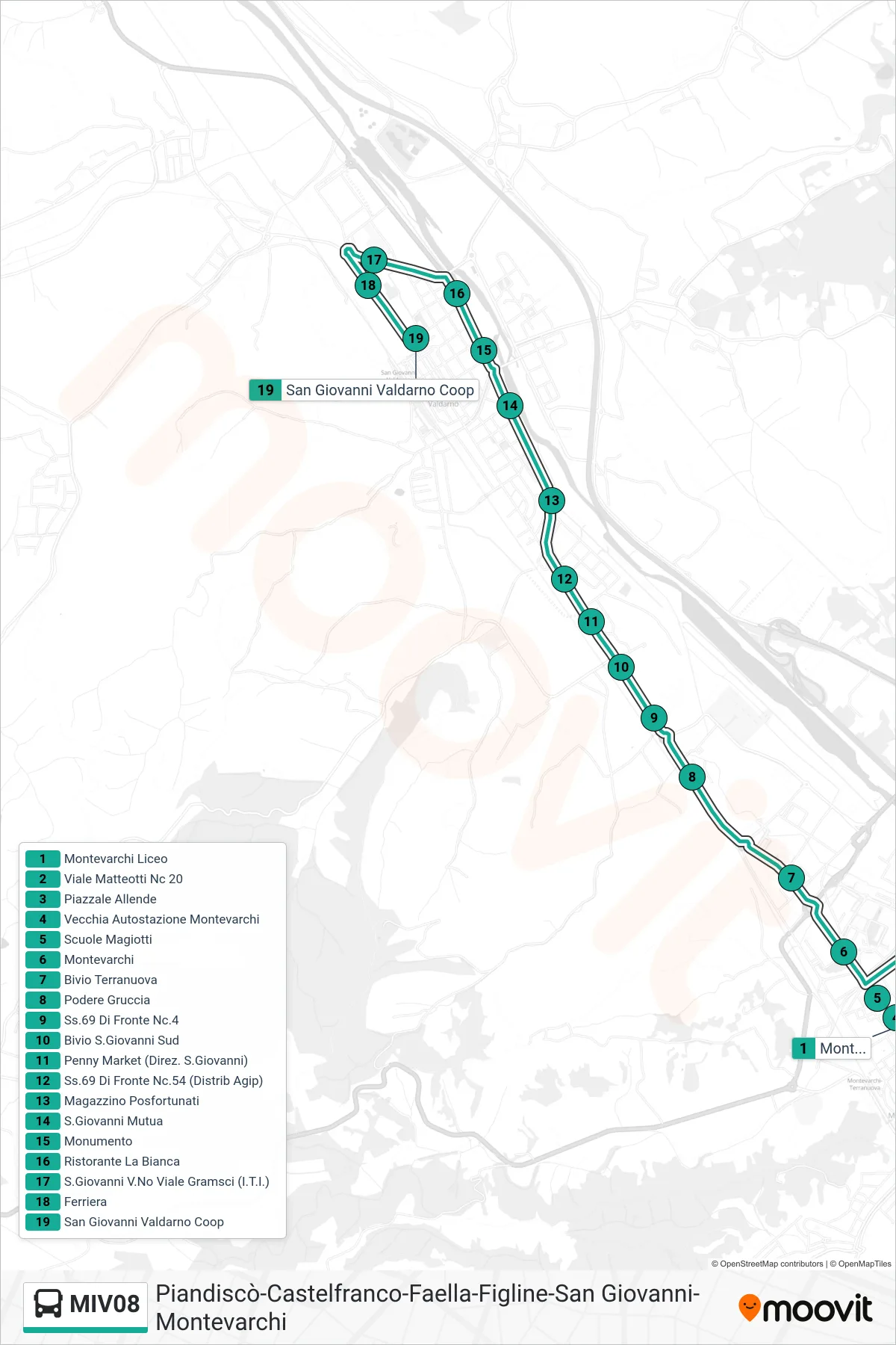 Linea MIV08  tram (San Giovanni Valdarno Coop) - Percorsi e fermate sulla mappa