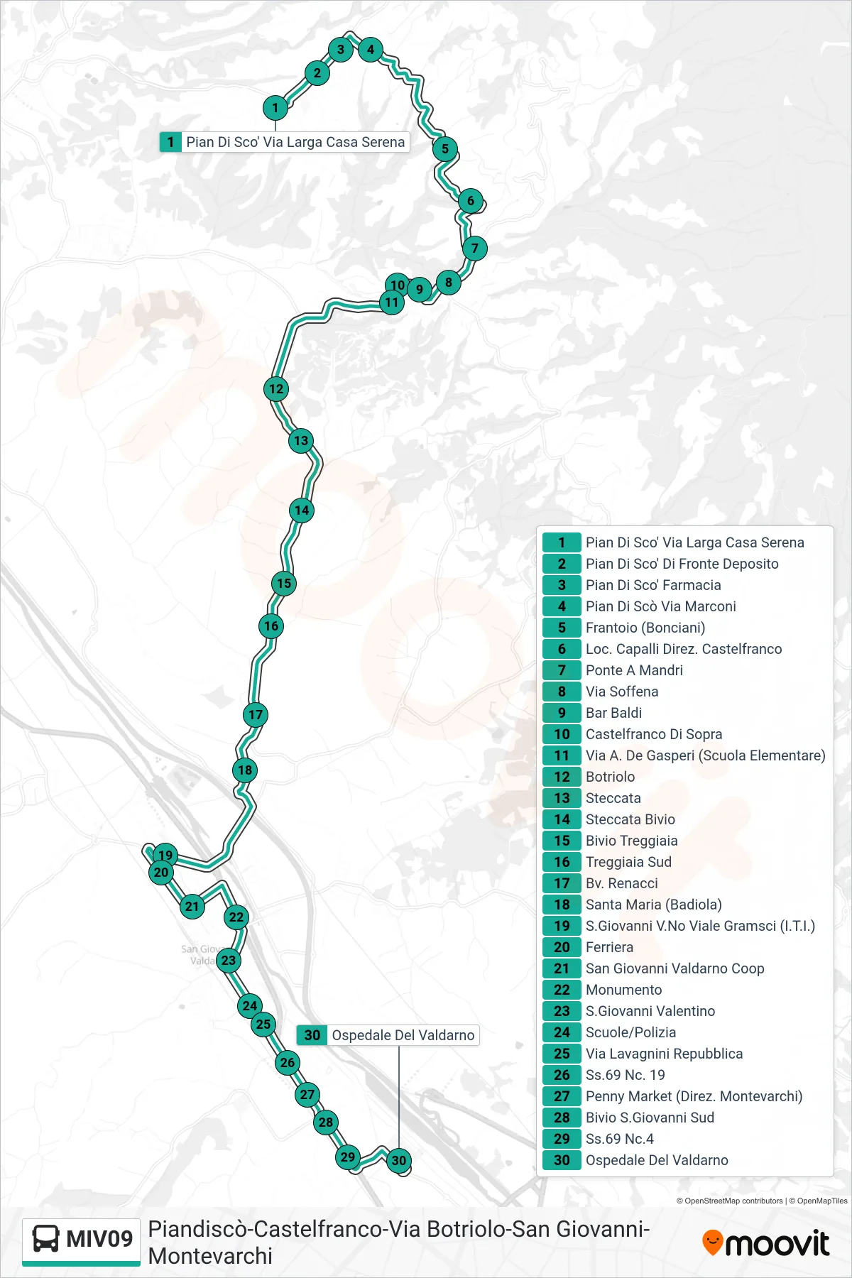 Linea MIV09 tram (Ospedale Del Valdarno) - Percorsi e fermate sulla mappa