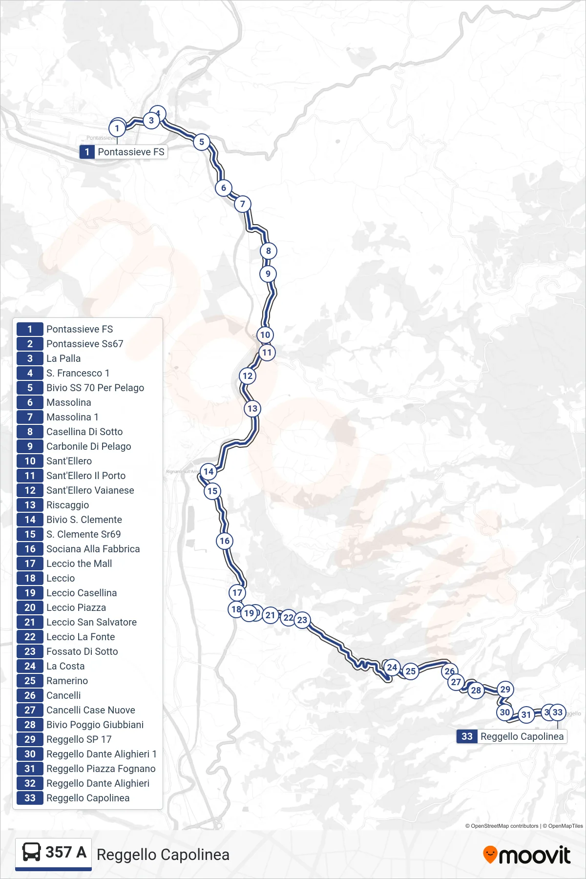 Linea 357 A bus (Reggello Capolinea) - Percorsi e fermate sulla mappa