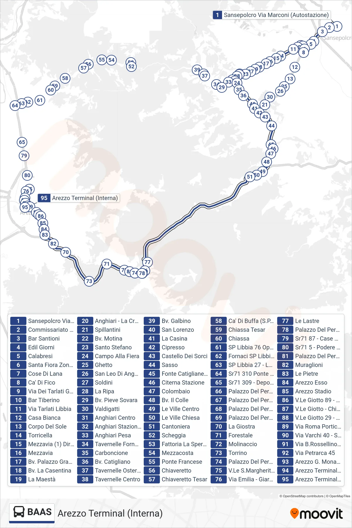 Linea BAAS tram (Arezzo Terminal (Interna)) - Percorsi e fermate sulla mappa