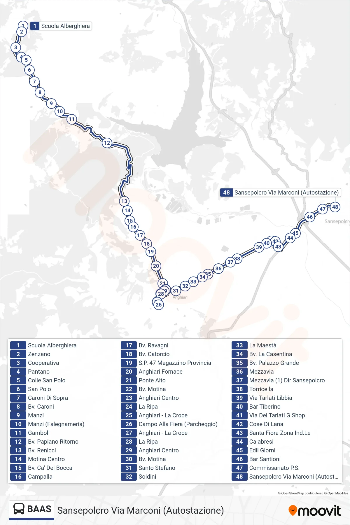 Linea BAAS tram (Sansepolcro Via Marconi (Autostazione)) - Percorsi e fermate sulla mappa