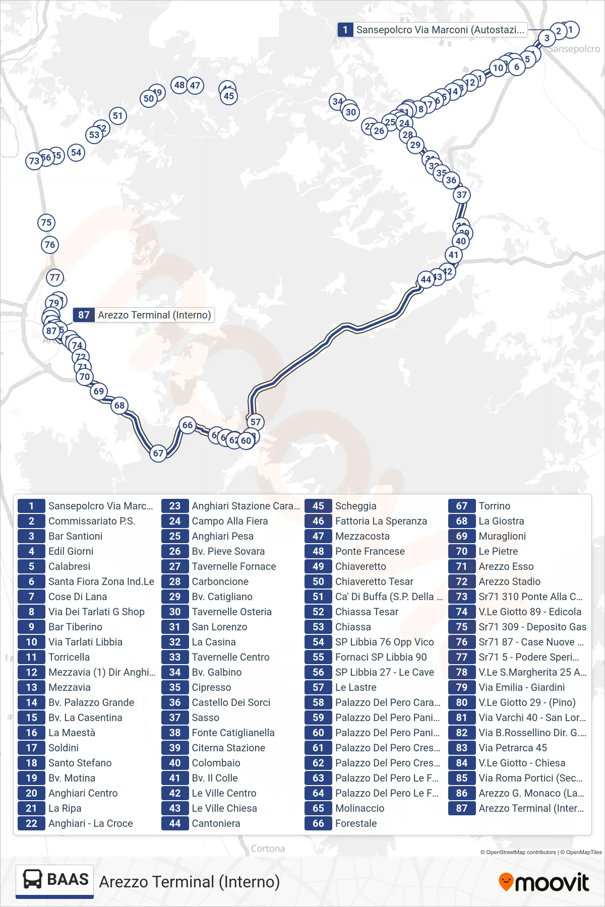 BAAS tram Line (Arezzo Terminal (Interior)) route and stops on a map