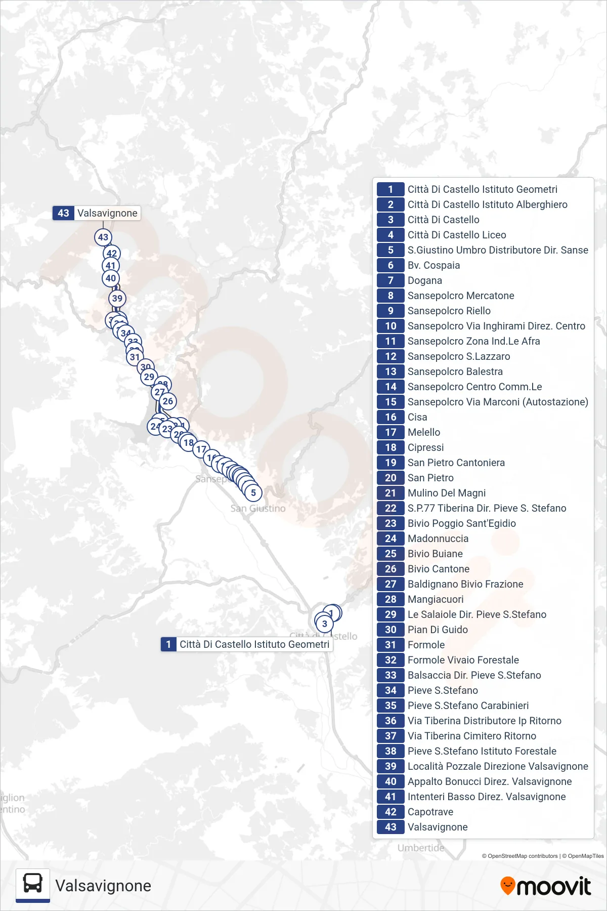 Linea BAVPSSCC  tram (Valsavignone) - Percorsi e fermate sulla mappa