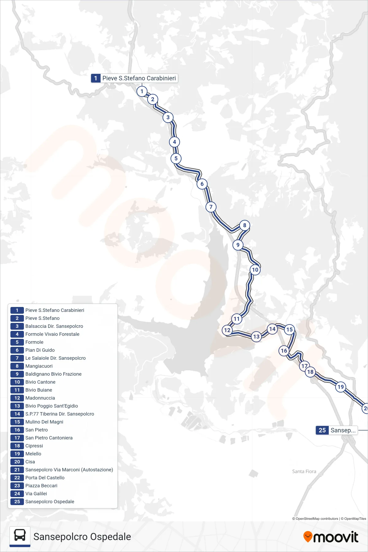 Linea BAVPSSCC tram (Sansepolcro Ospedale) - Percorsi e fermate sulla mappa