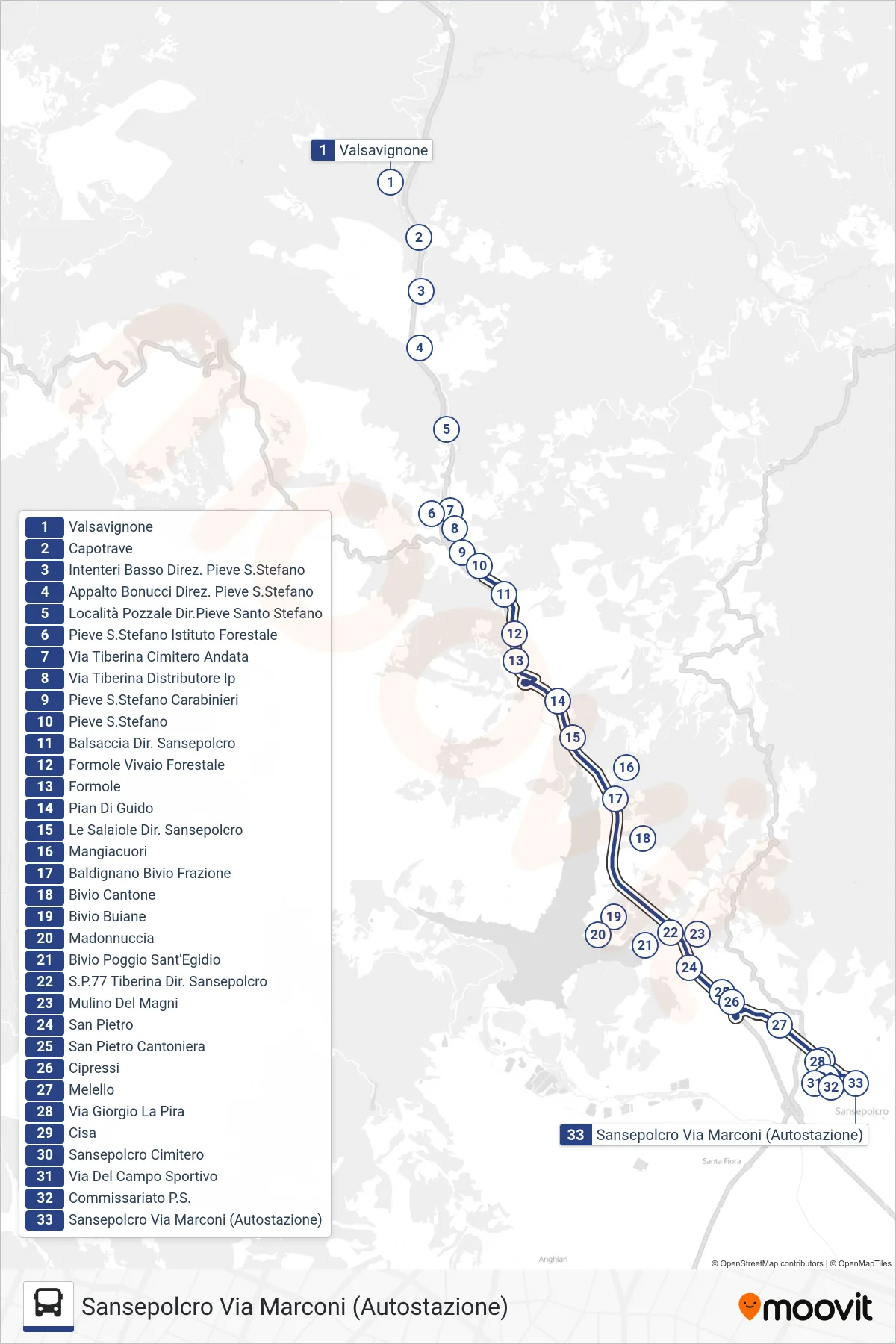 Linea BAVPSSCC  tram (Sansepolcro Via Marconi (Autostazione)) - Percorsi e fermate sulla mappa