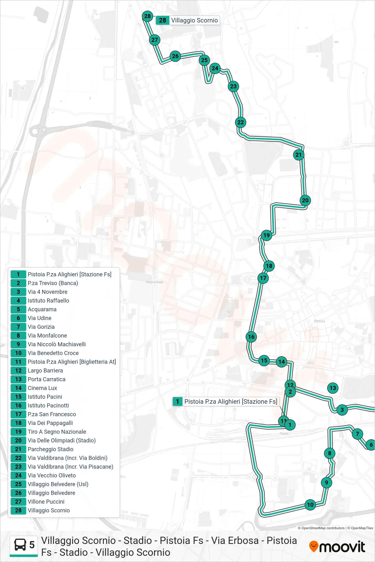Linea 5  bus (Villaggio Scornio) - Percorsi e fermate sulla mappa