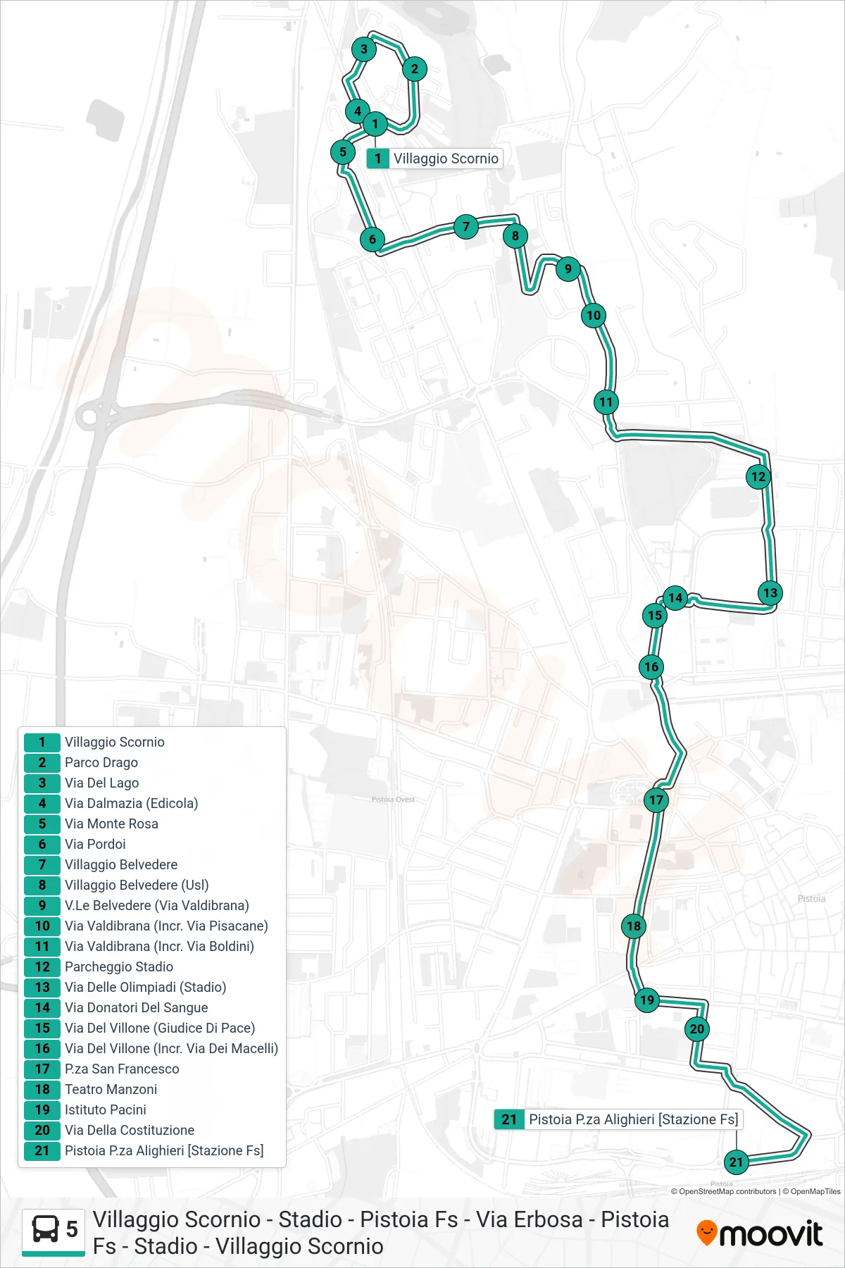 Linea 5  bus (Pistoia P.za Alighieri [Stazione]) - Percorsi e fermate sulla mappa