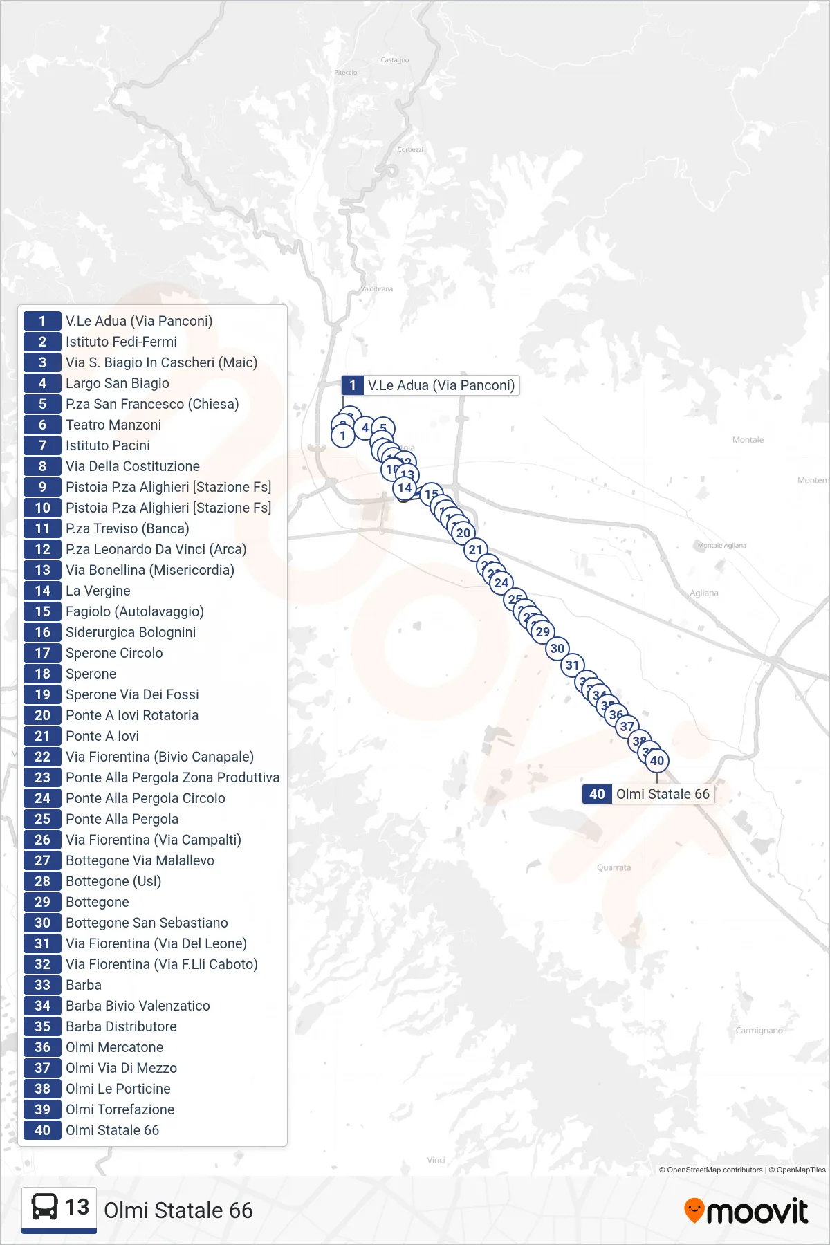 Linea 13 bus (Olmi Statale 66) - Percorsi e fermate sulla mappa