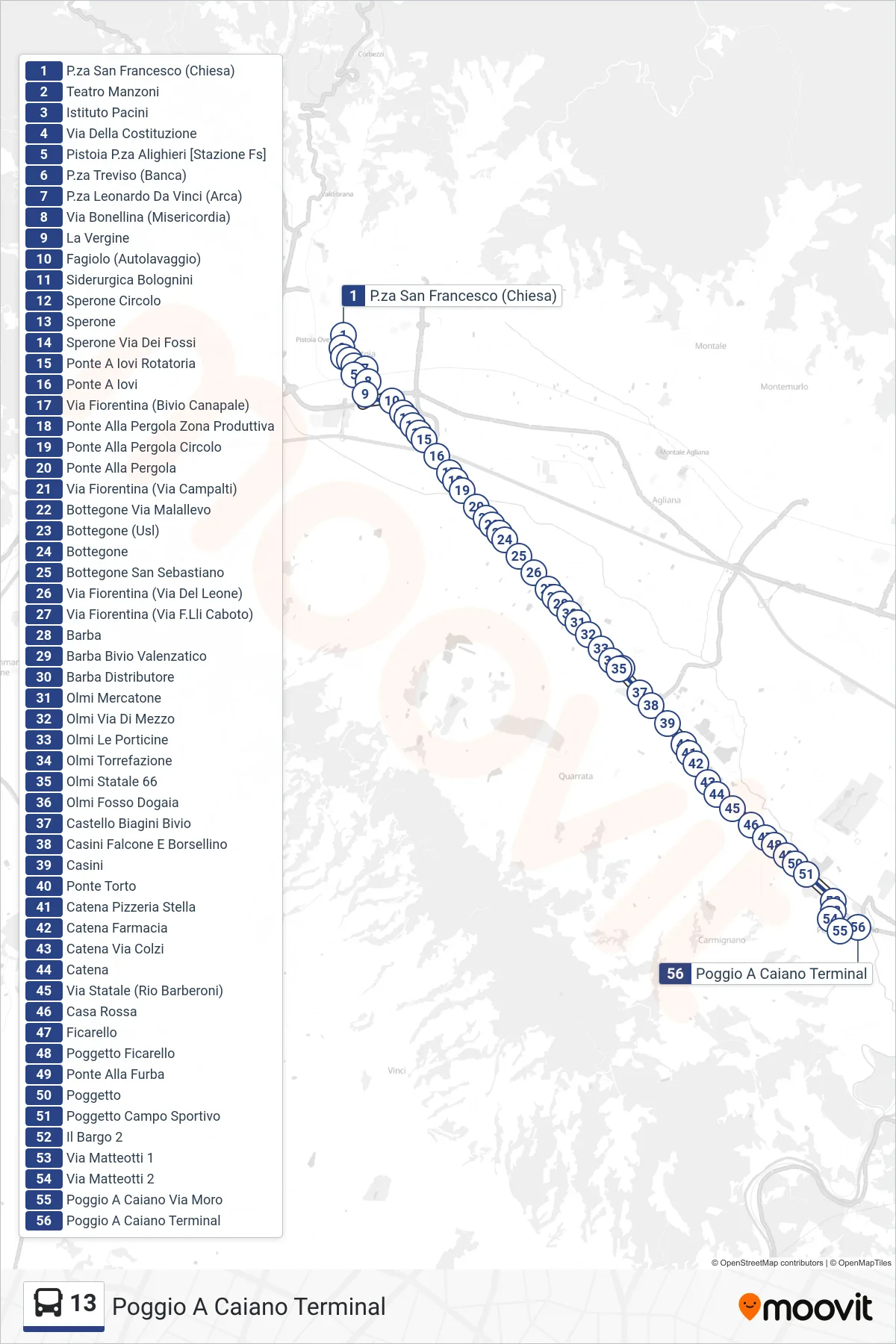 Linea 13 bus (Poggio A Caiano Terminal) - Percorsi e fermate sulla mappa