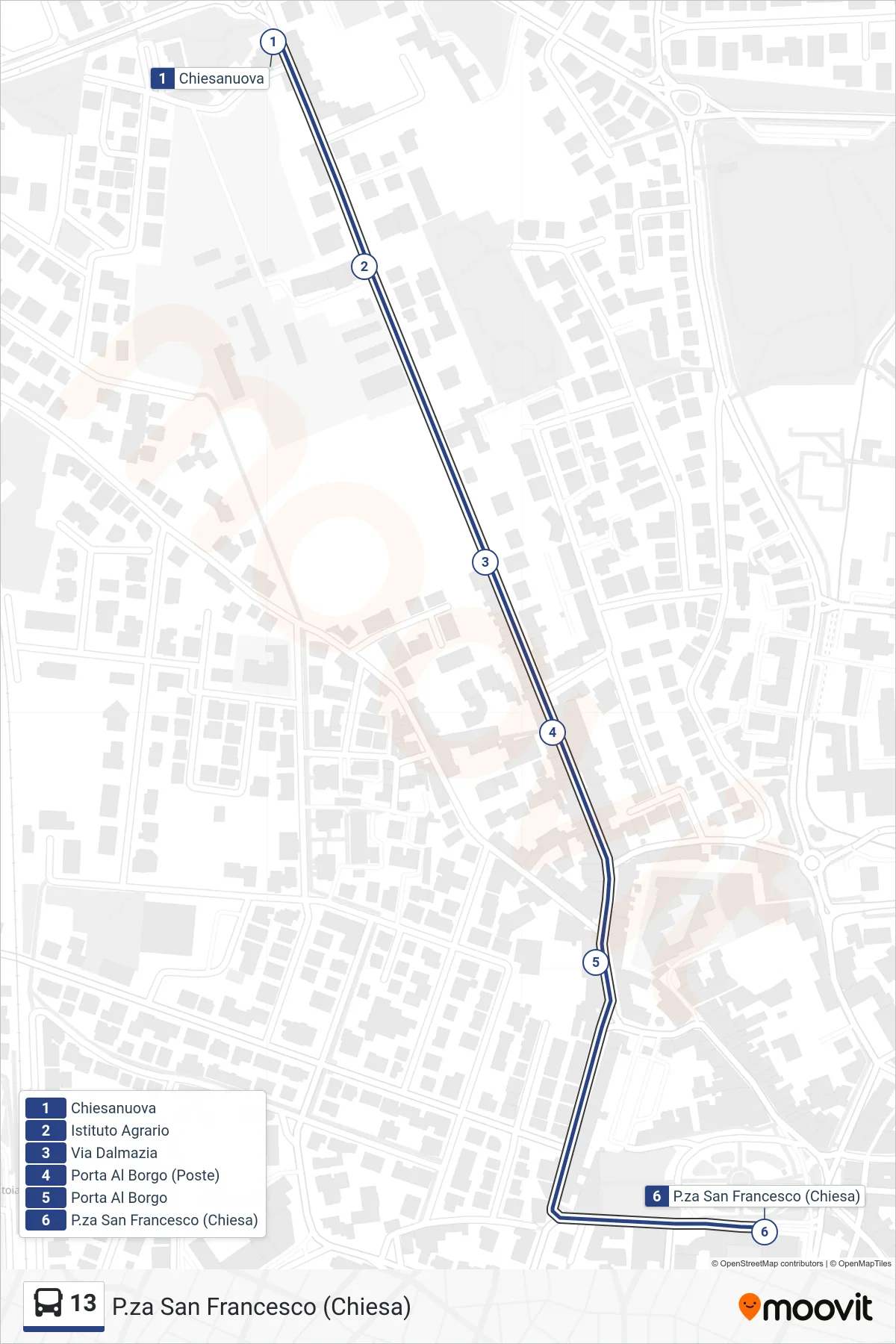 Linea 13 bus (P.za San Francesco (Chiesa)) - Percorsi e fermate sulla mappa