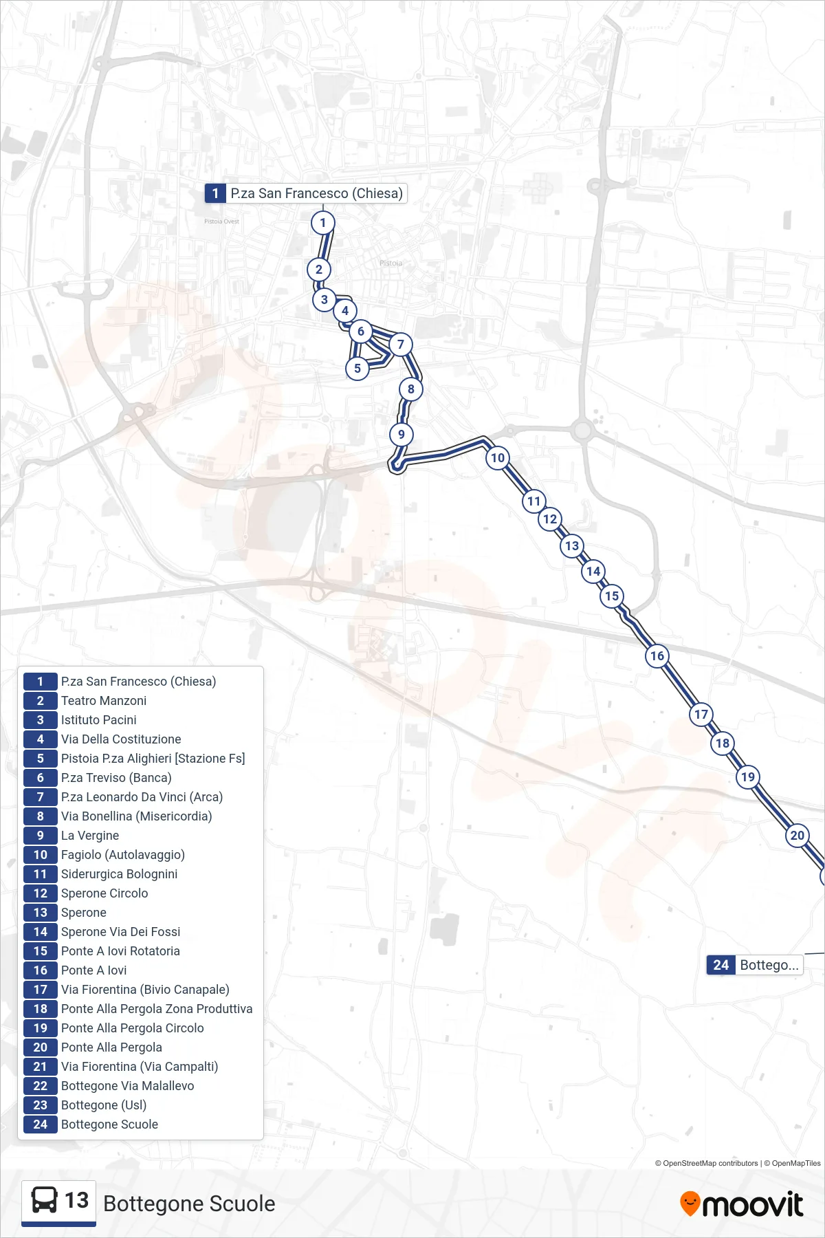 Linea 13 bus (Bottegone Scuole) - Percorsi e fermate sulla mappa