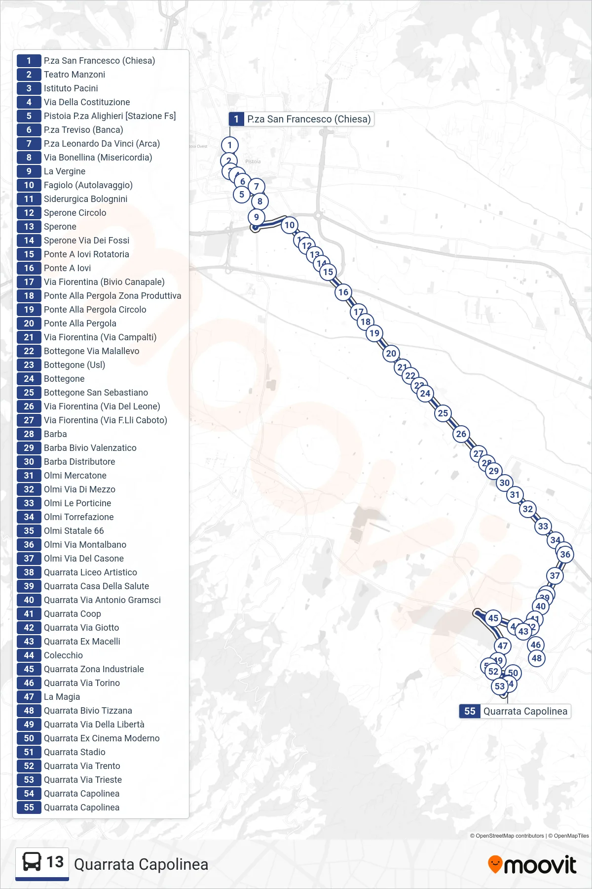Linea 13 bus (Quarrata Capolinea) - Percorsi e fermate sulla mappa