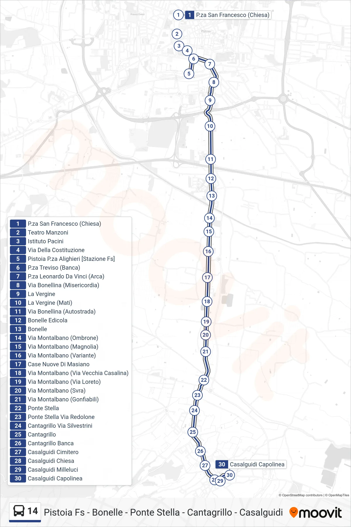Linea 14 bus (Casalguidi Capolinea) - Percorsi e fermate sulla mappa