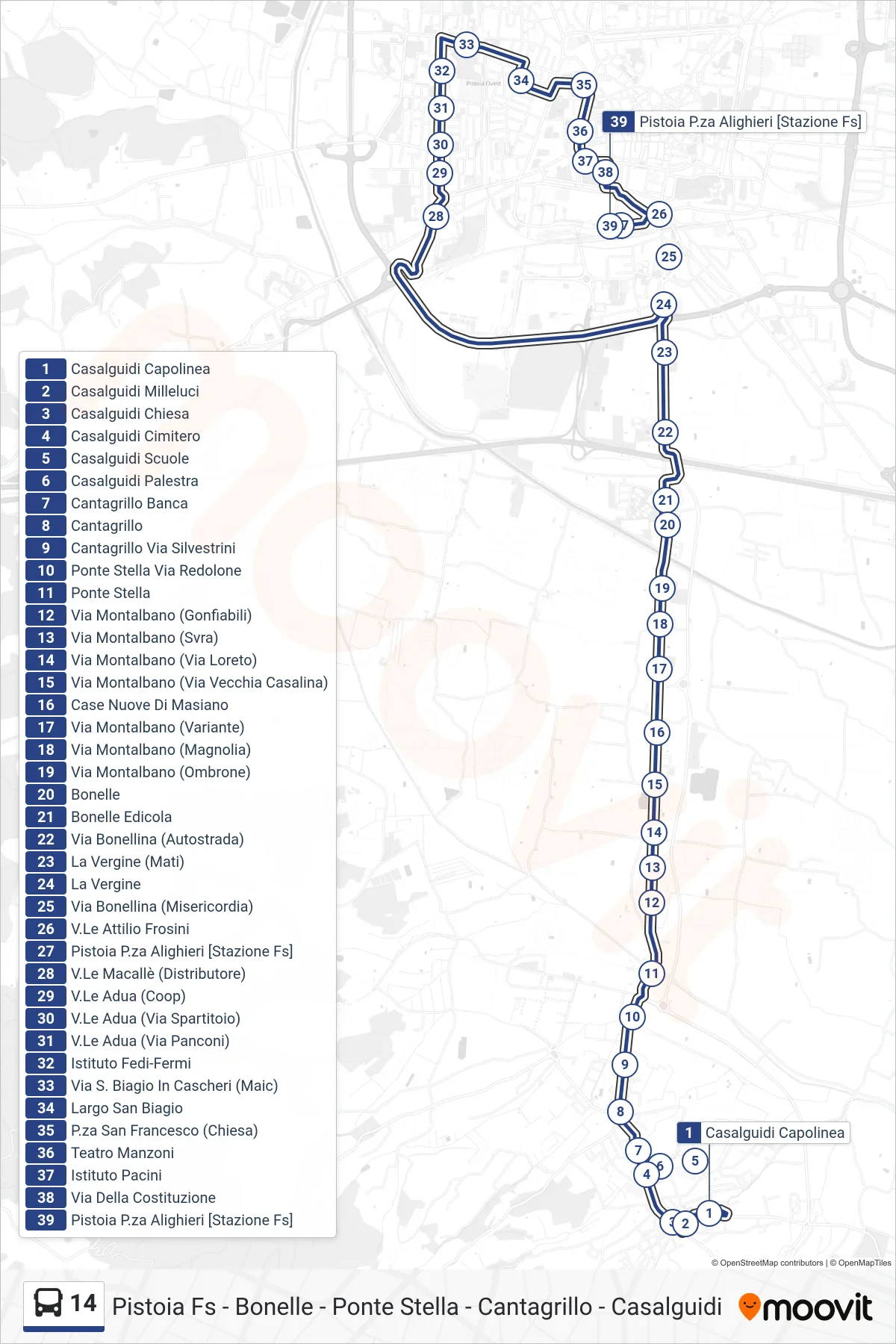 Linea 14  bus (Pistoia P.za Alighieri [stazione]) - Percorsi e fermate sulla mappa