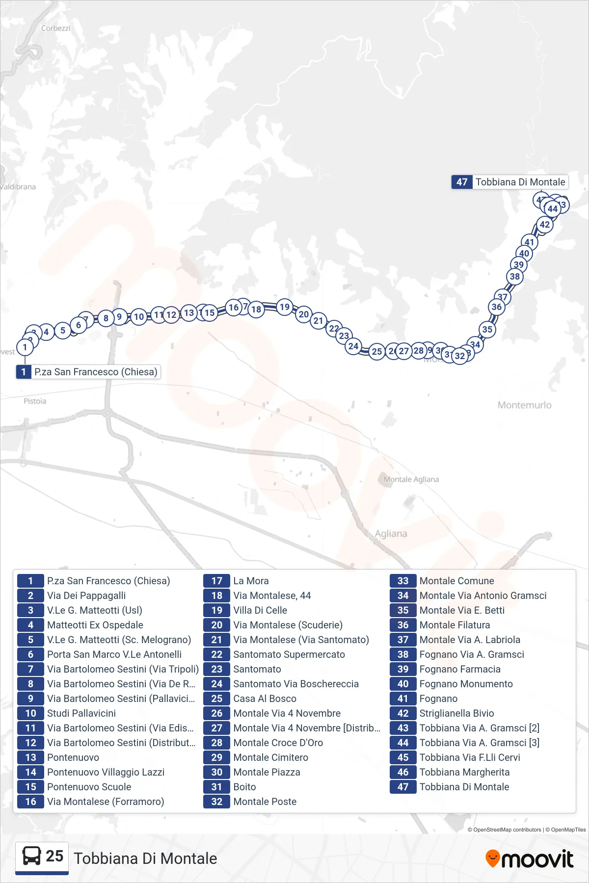 Linea 25 bus (Tobbiana Di Montale) - Percorsi e fermate sulla mappa