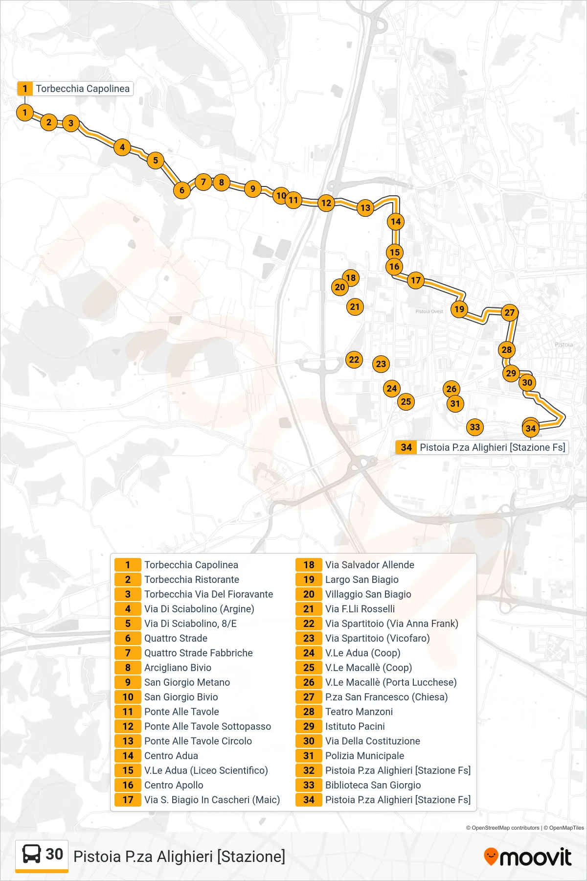 Linea 30  bus (Pistoia P.za Alighieri [Stazione]) - Percorsi e fermate sulla mappa