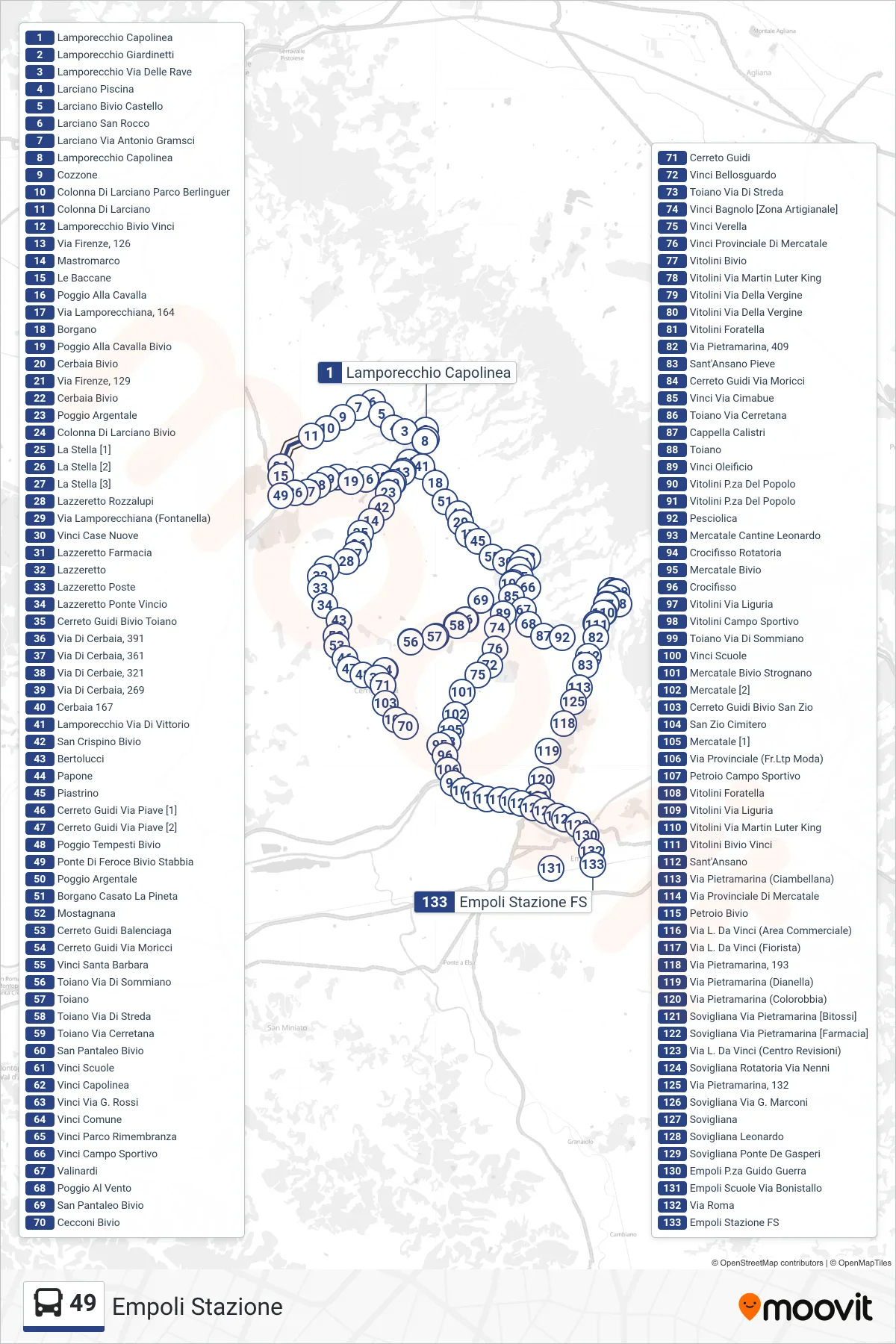 Linea 49 bus (Empoli Stazione) - Percorsi e fermate sulla mappa