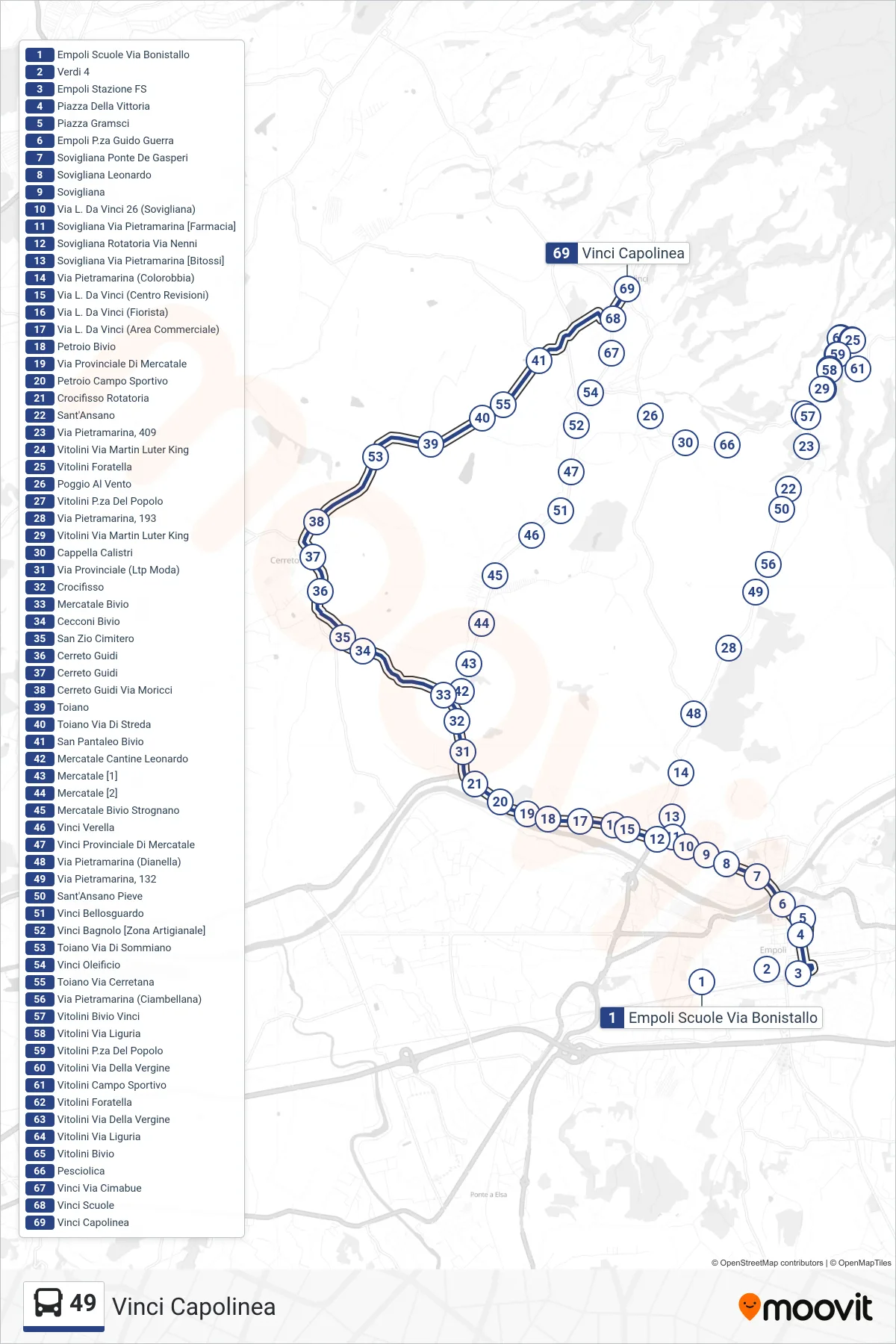 Linea 49  bus (Vinci Capolinea) - Percorsi e fermate sulla mappa