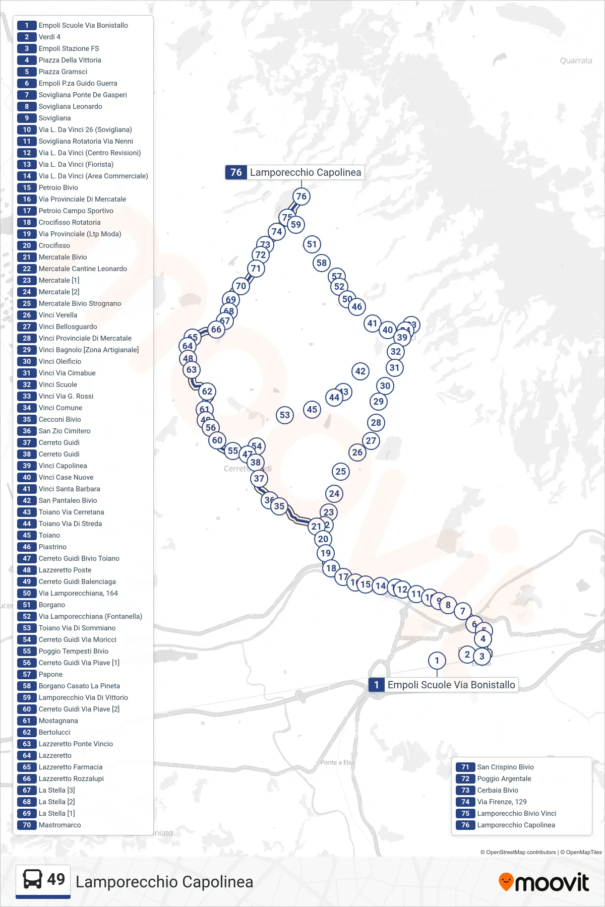 Linea 49 bus (Lamporecchio Capolinea) - Percorsi e fermate sulla mappa