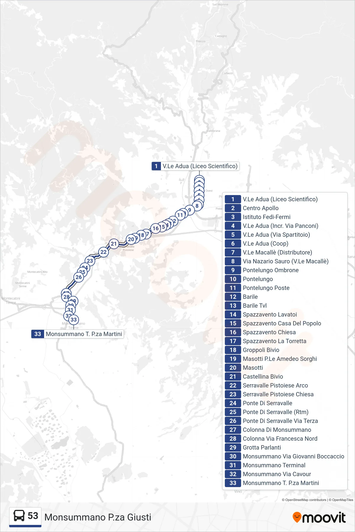 Linea 53  bus (Monsummano P.za Giusti) - Percorsi e fermate sulla mappa