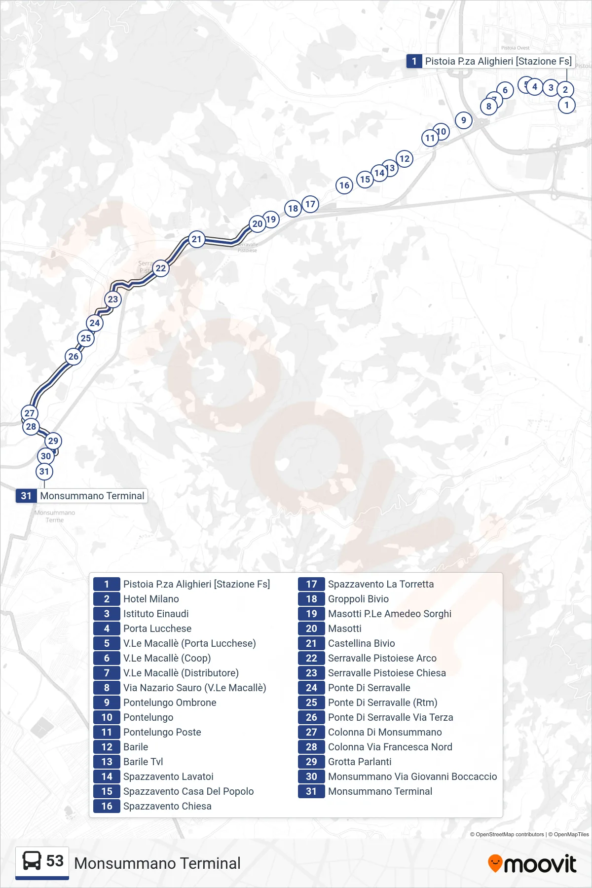 Linea 53 bus (Monsummano Terminal) - Percorsi e fermate sulla mappa
