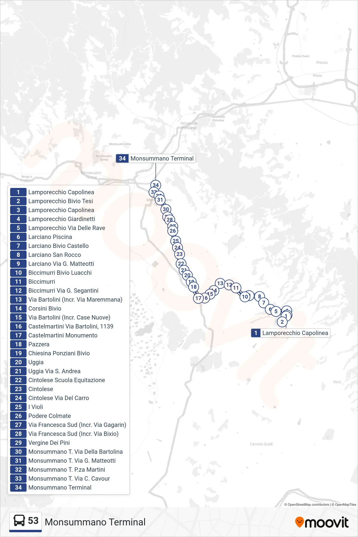 Linea 53 bus (Monsummano Terminal) - Percorsi e fermate sulla mappa