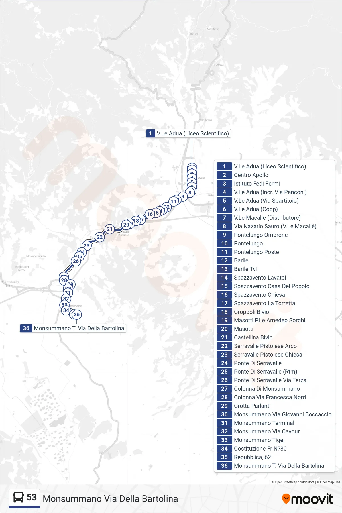 Linea 53 bus (Monsummano Via Della Bartolina) - Percorsi e fermate sulla mappa